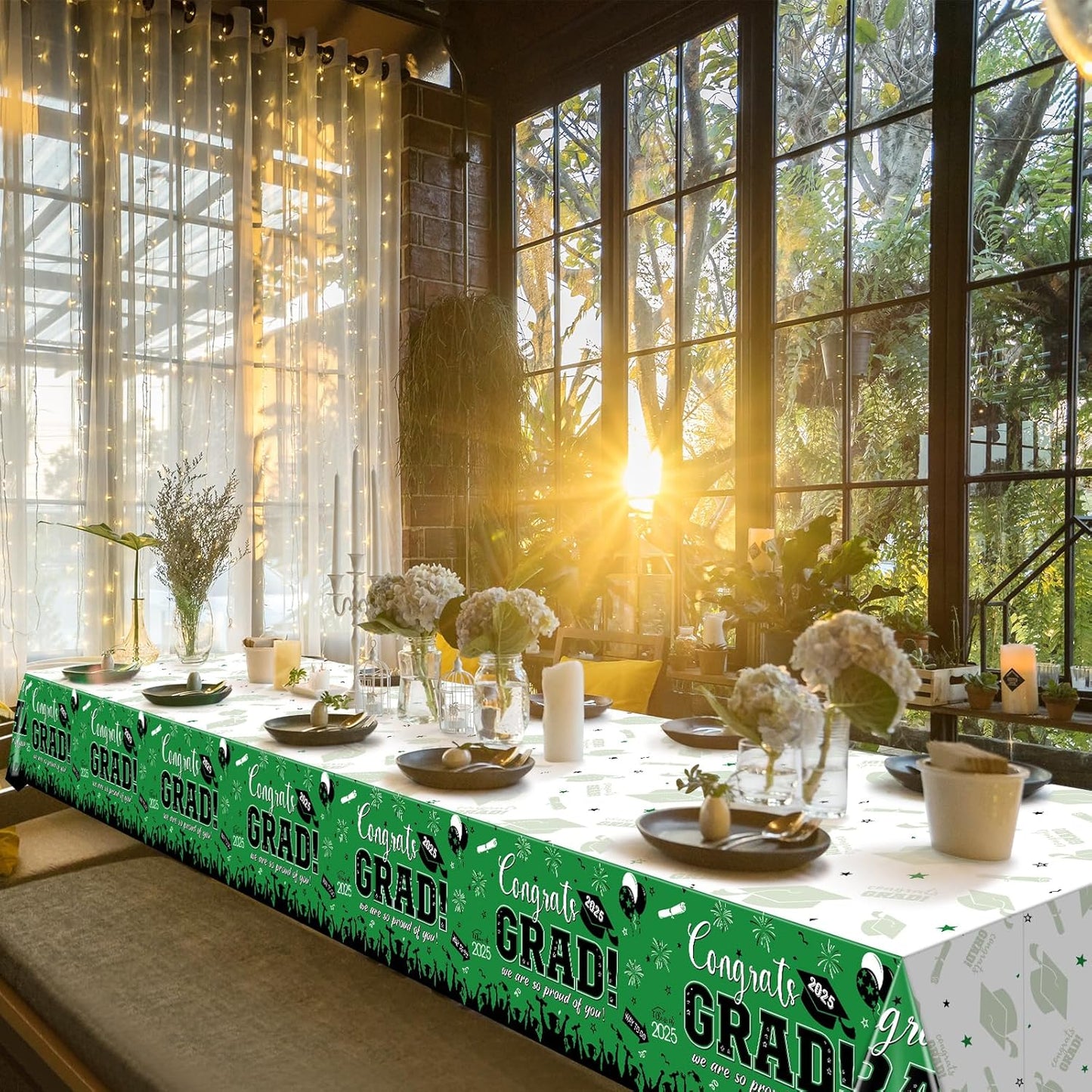 3 Pack Graduation Tablecloth Party Decorations, Class of 2025 Congrats Grad Plastic Tablecover Party Supplies, Green Rectangle Graduation Table Decorations for College High School Party, 54 X 108 Inch