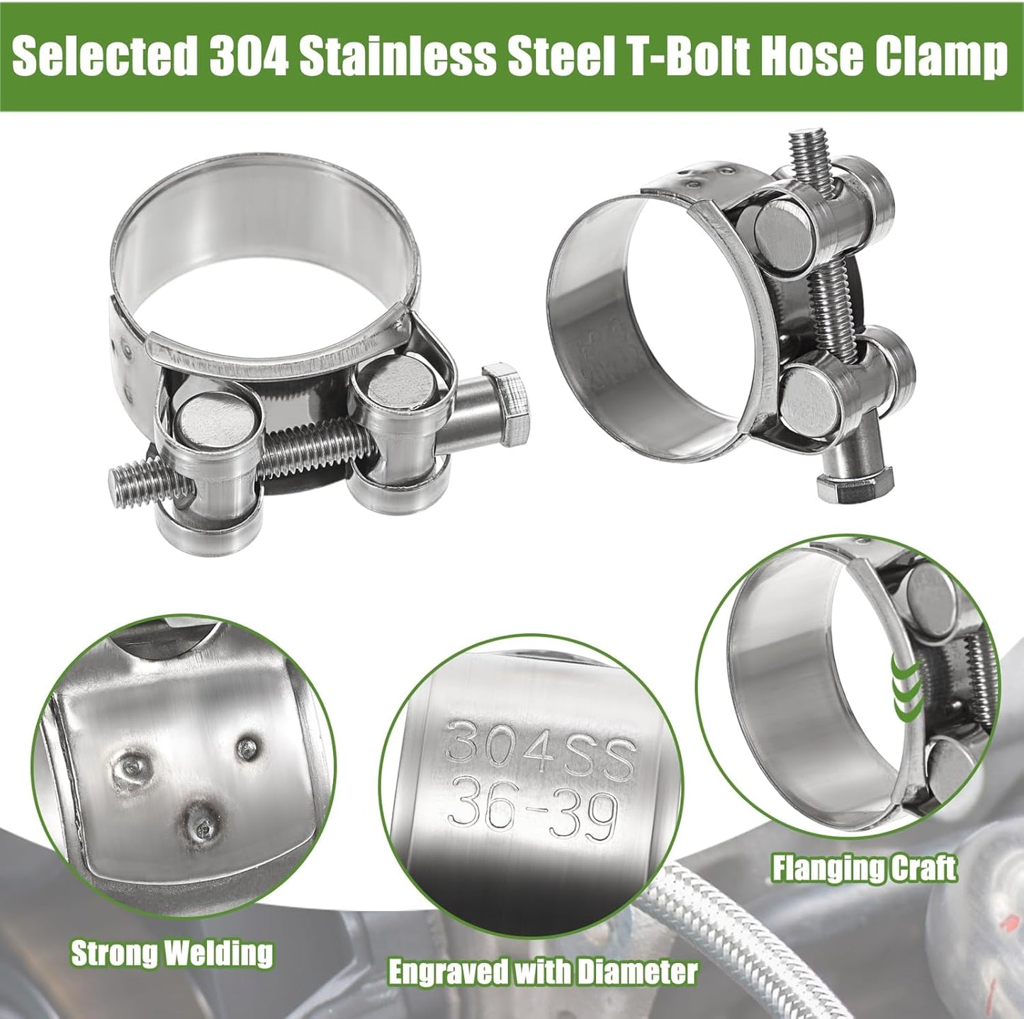 14-Piece Stainless Steel T-Bolt Hose Clamp Set, 7 Size Variations for Turbo Intake, Heavy-Duty Intercooler Pipe and Radiator Hose Applications (17-39mm)