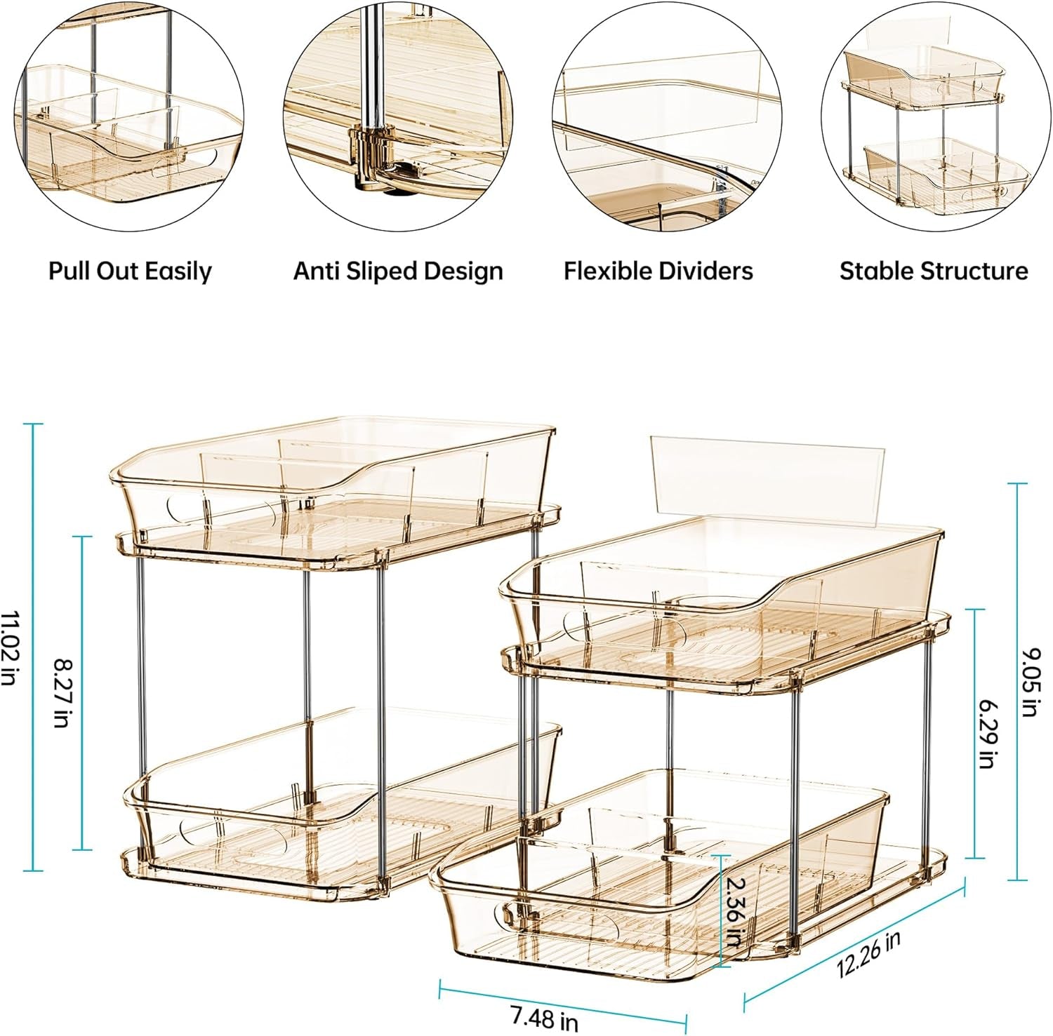 2 Sets of 2-Tier Clear under Sink Organizers and Storage, Multi-Purpose Stackable Bathroom Cabinet Organizers, Amber