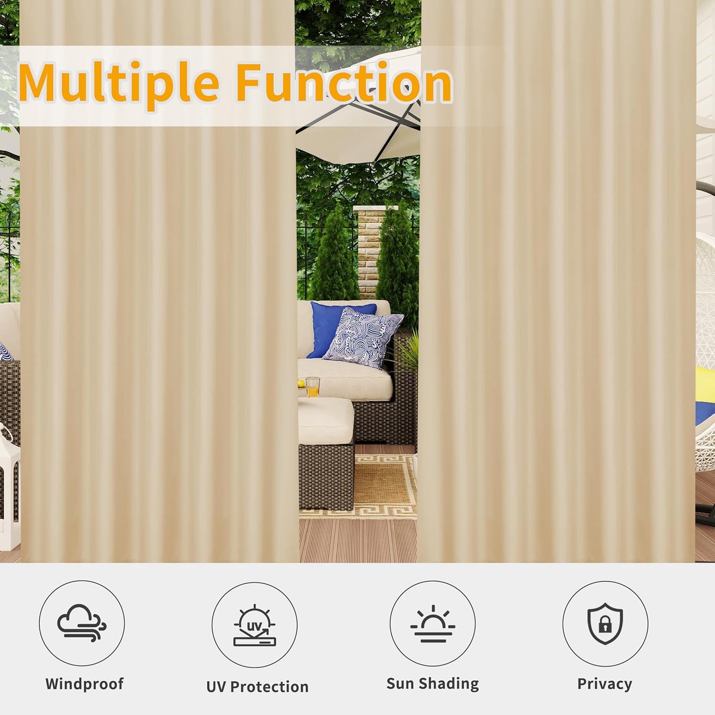 Outdoor Patio Curtains Detachable Tab Top Windproof Weatherproof Curtain for Cabana, Porch, Pergola and Gazebo, Tab Bottom Drape, 2 Panels, 54W X 84L Inch, Beige