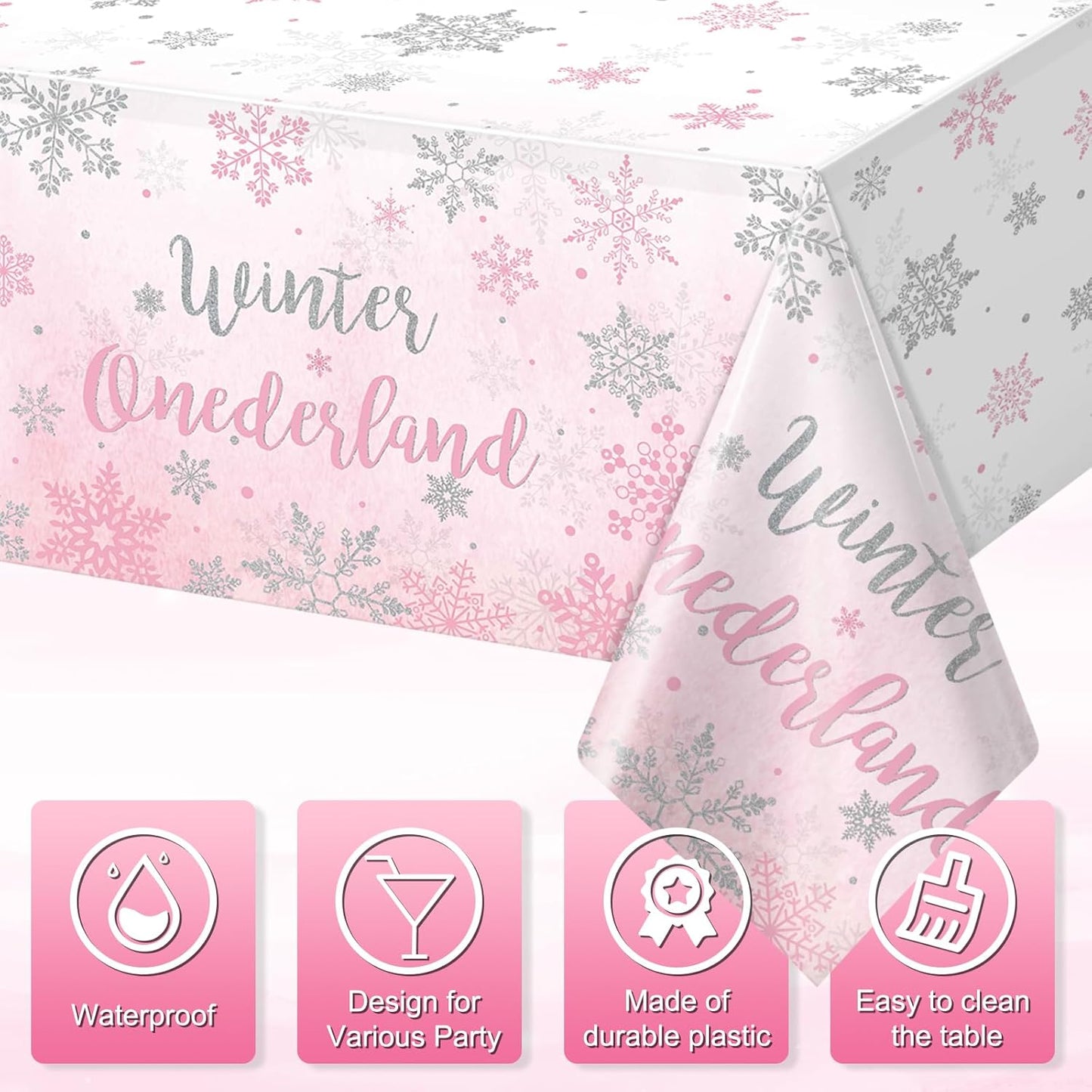 3 Pack Winter Onederland 1St Birthday Tablecloth, Disposable Pink and Silver Winter Snowflake Plastic Table Cover for Winter Onederland Girl Boy 1St Birthday Party Supplies Decorations, 54X108 Inch