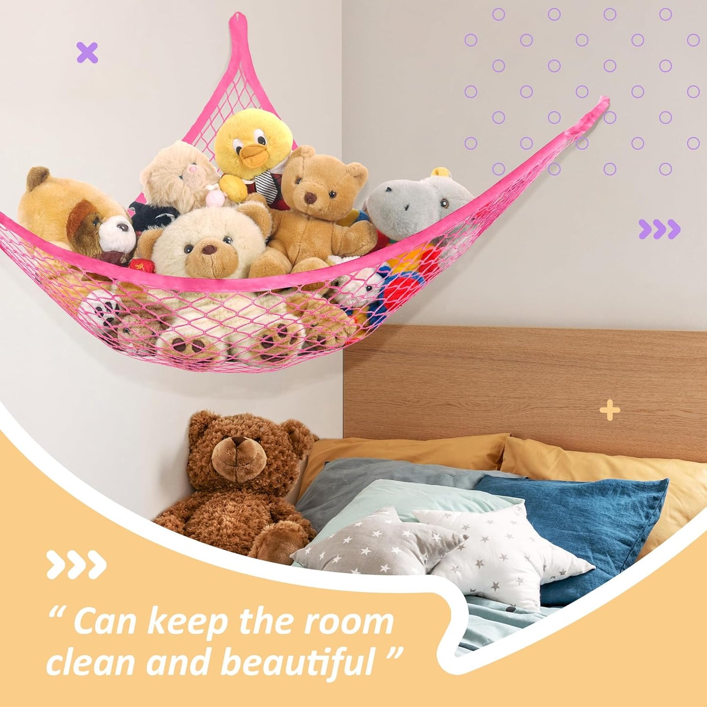 Stuffed Animal Net Hammock for Plushie Toys, Stuffed Animal Hammock Corner for Kids' Room Decor, Ideas for Organizing Stuffy Collection, 2 Pack, Pink