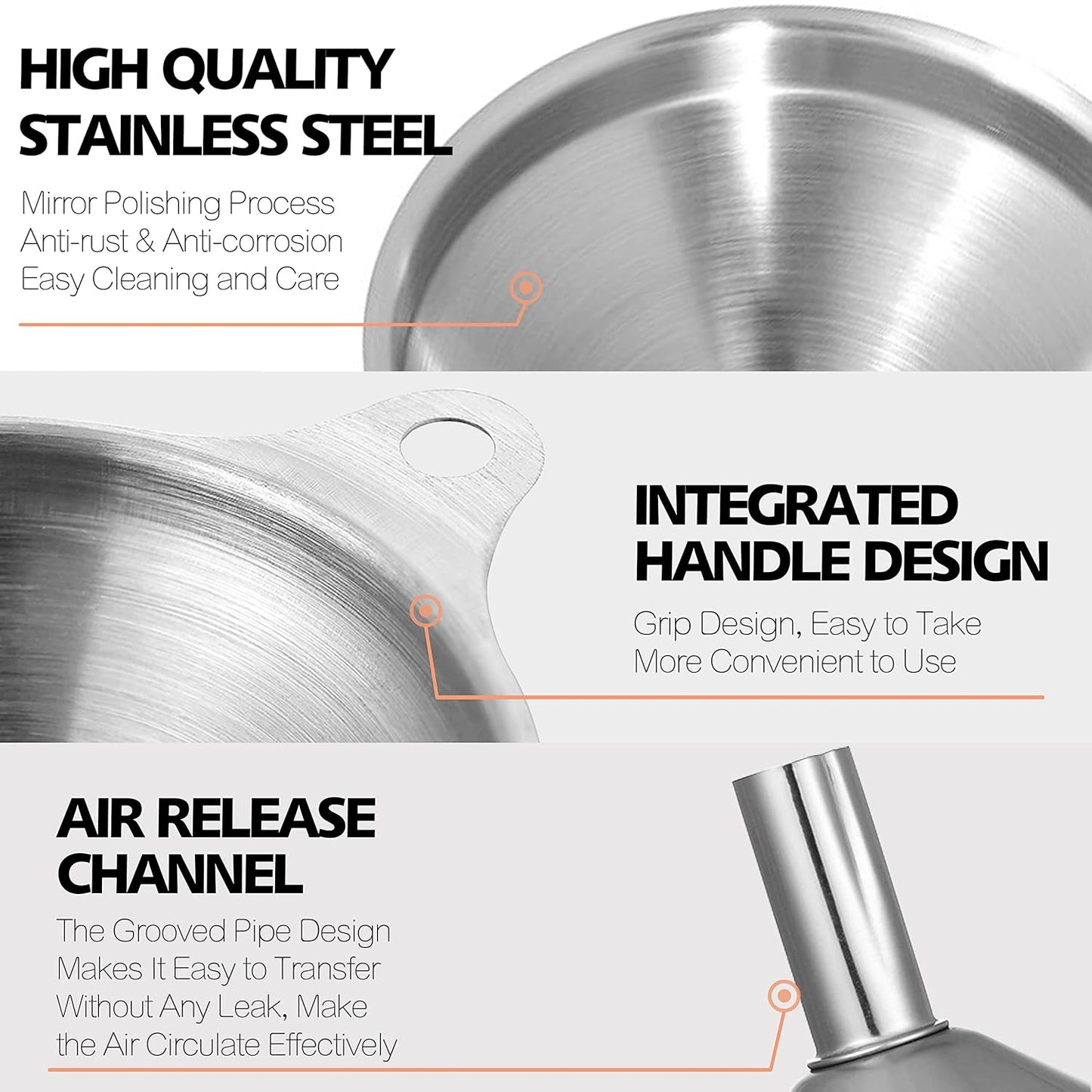 Stainless Steel Mini Kitchen Funnel Set, 3 Pack Durable Metal Filling Funnels for Transferring Liquid, Dry Ingredients, Cosmetic Lotion, Fluid, Spices, Powder - Food-Grade & High Heat Resistant