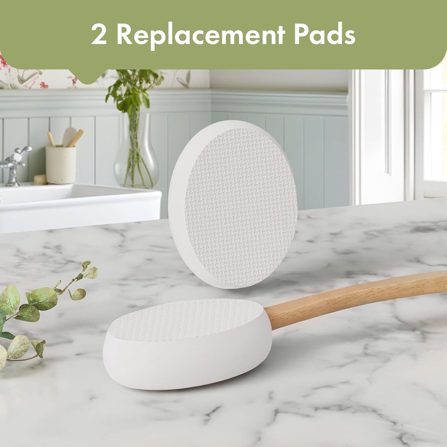 Lotion Applicator for Back, Feet, 2 Replacement Pads with 17" Curved Handle, Back Sunscreen Applicator for Kids, Elderly, Women, Apply Cream Medicine Moisturizer Tanner, White