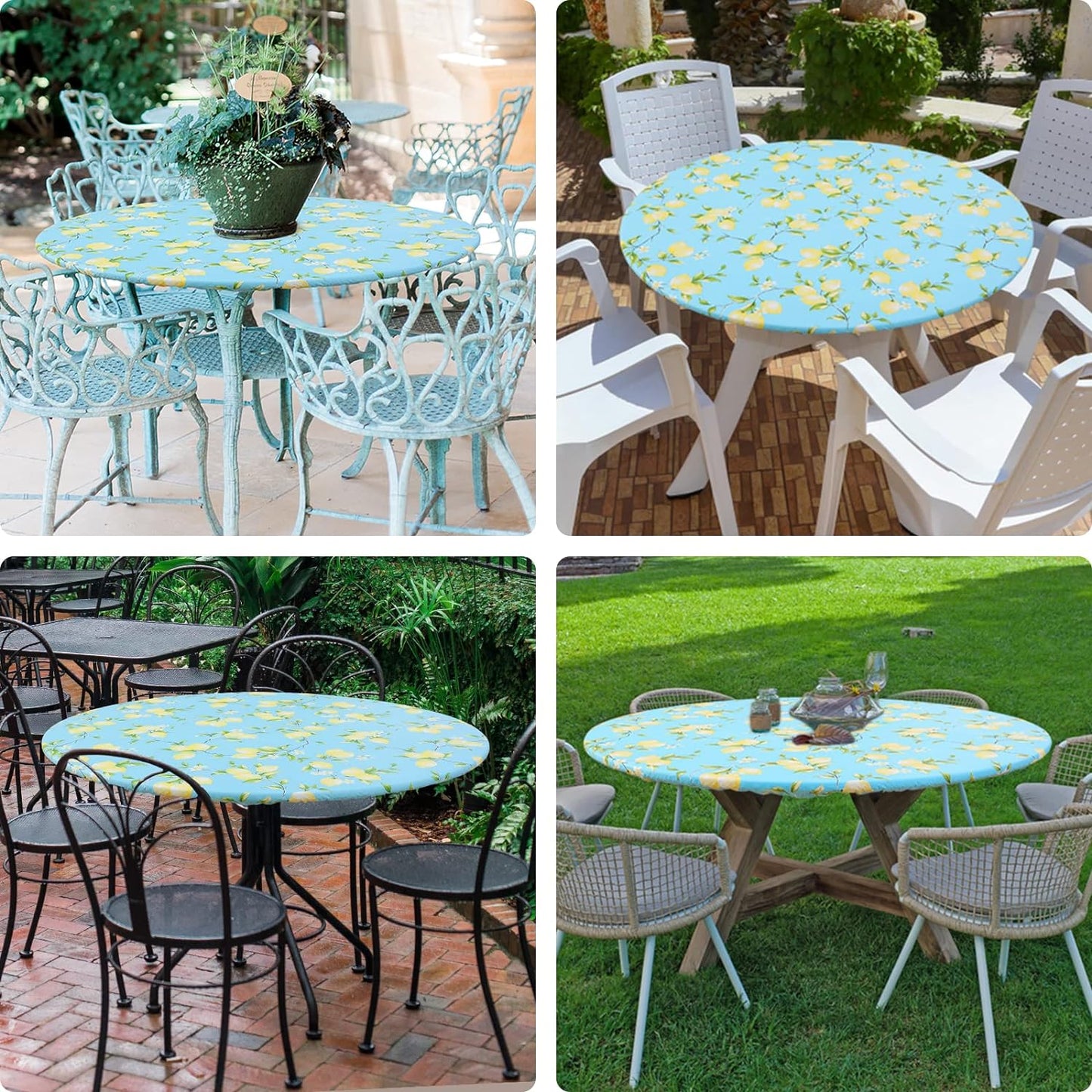 round Fitted Tablecloth with Elastic Edge, 100% Waterproof Oil Proof Plastic Table Cover, Vinyl Flannel Backed Tablecloth Fits 36"-44" round Tables for Dinner, Outdoor, Picnic, Lemon