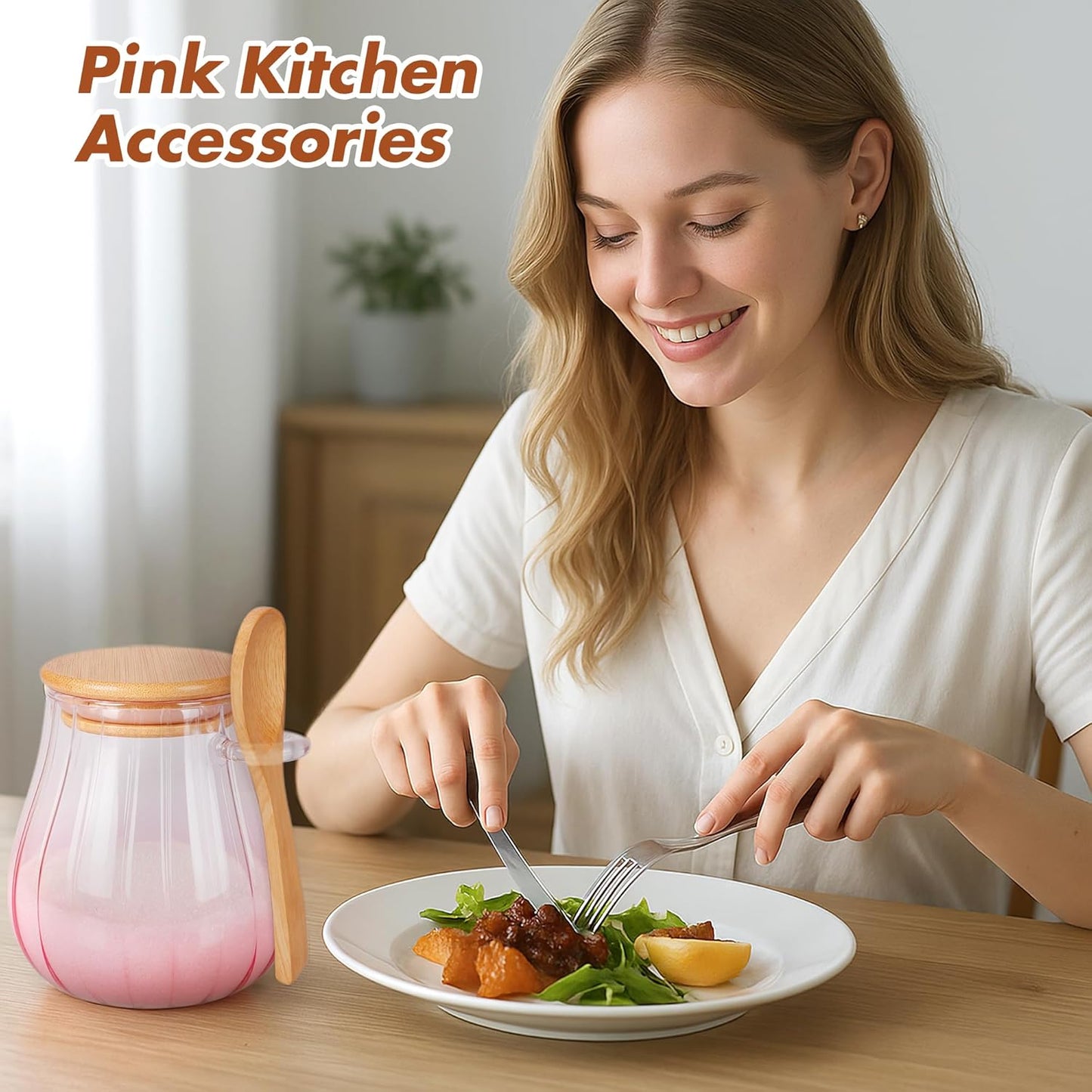 15 Oz Pink Sugar Bowl with Bamboo Lid and Spoon,Pink Kitchen Decor and Accessories,Glass Jar with Airtight Lid, Brown Sugar Keeper, Sugar Container for Coffee Bar and Office