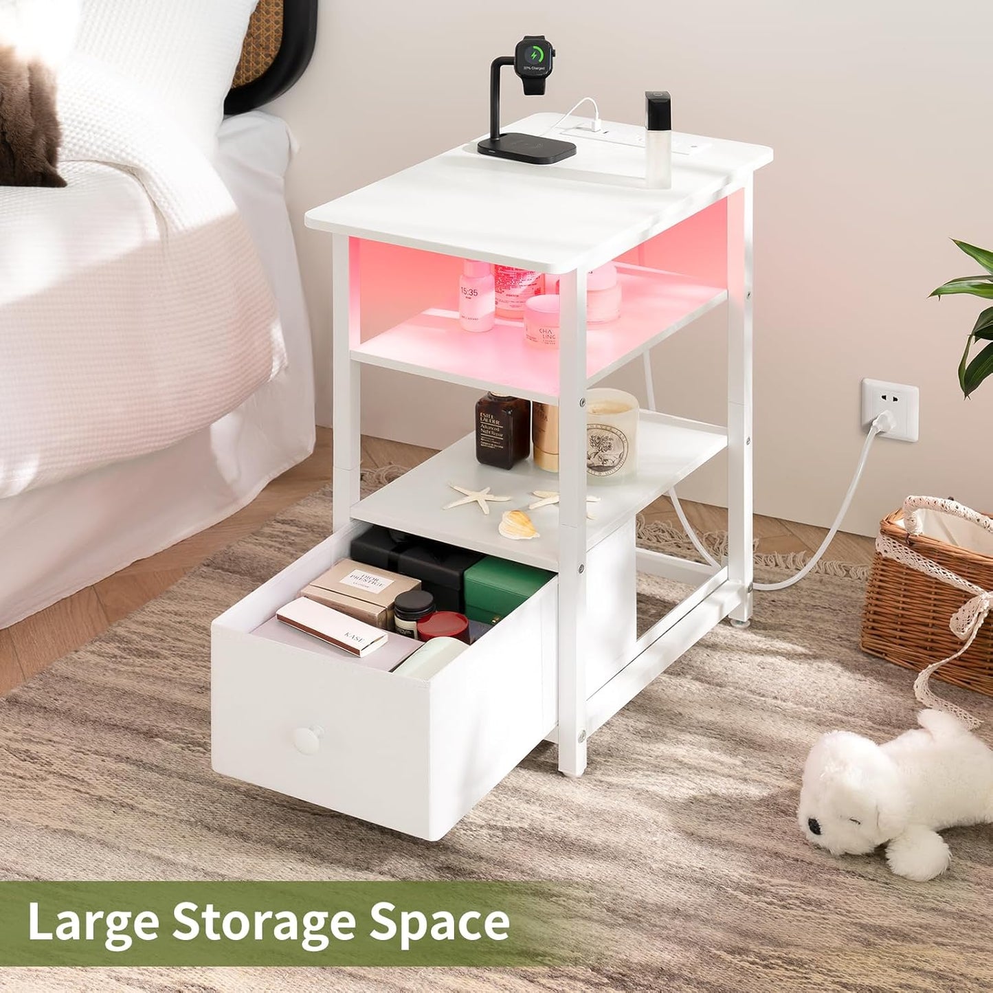 End Table with Charging Station, Narrow Side Table with Adjustable Fabric Drawer, 3-Tier End Tables Living Room, Small Nightstand with Outlets, LED Skinny Night Stand for Bedroom Small Spaces