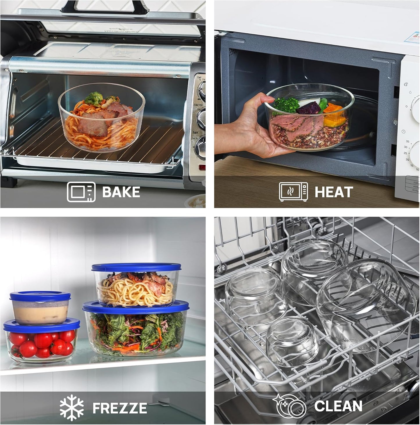 4 Pack Glass Bowls with Lids (1, 2, 4, 7 Cup), Food Storage Containers, Meal Prep and Leftovers Keeper, Lunch Container, Microwave, Dishwasher & Freezer Safe