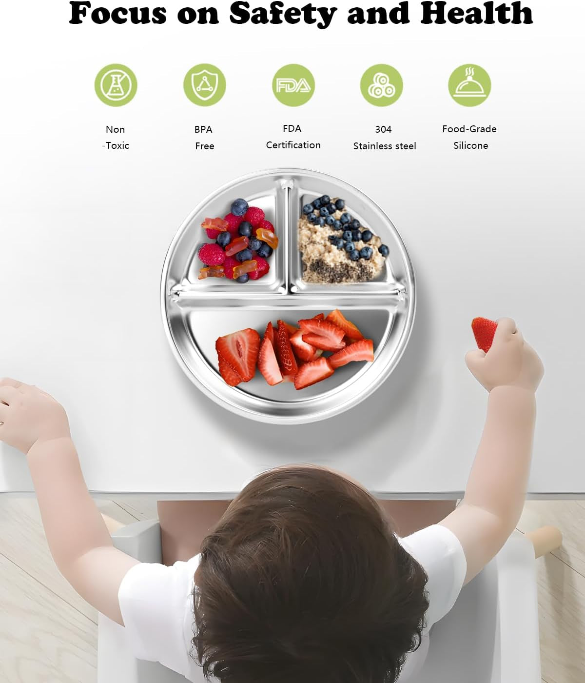 Stainless Steel Kids Plates 2 Packs, 8" Divided Toddlers Portion Control Plate, Non Toxic & BPA Free |Unbreakable |Dishwasher Safe Baby Snack Dish for Solid Starts Self-Feeding