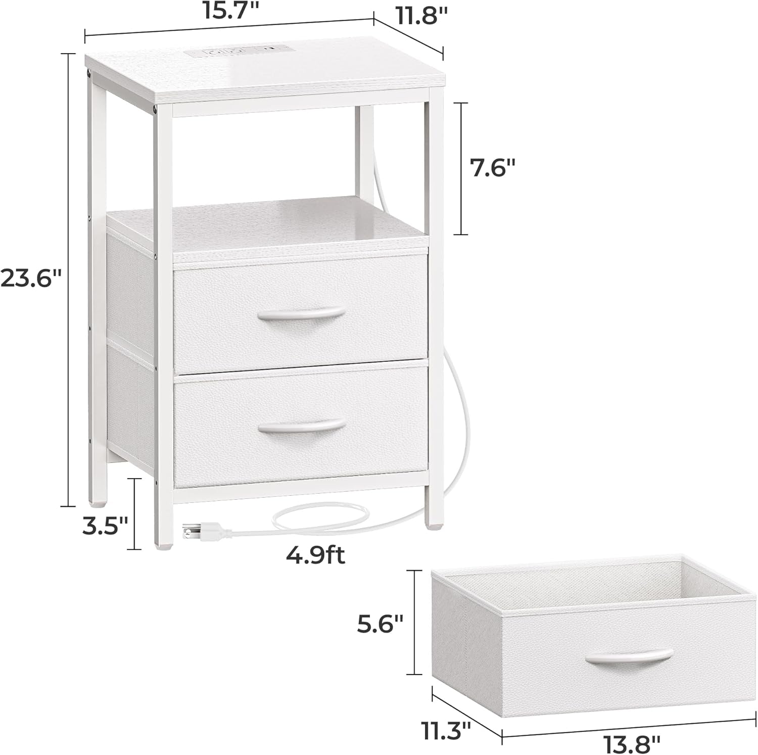 Elegant Nightstand with Integrated Charging Station, Fabric Drawers, Open Shelf, USB Ports, and Outlets - White Finish