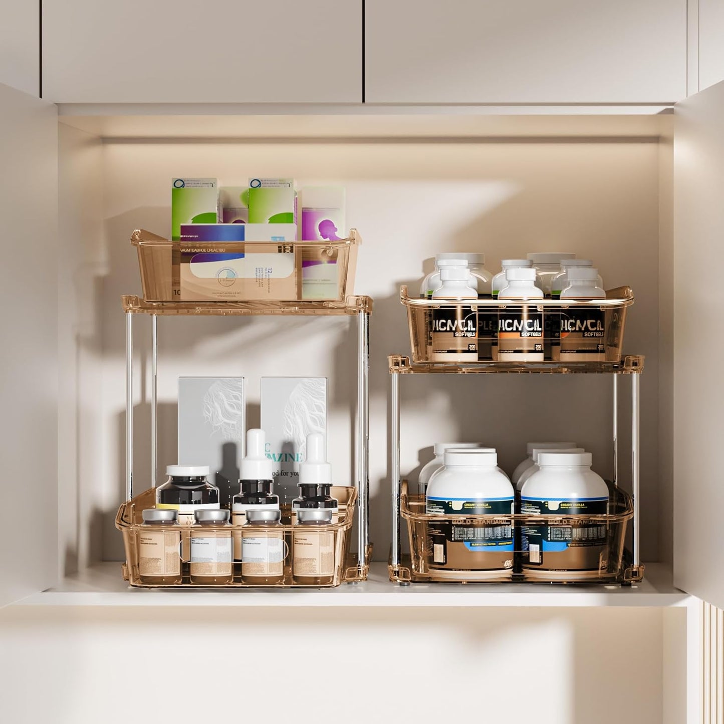 2 Sets of 2-Tier Clear under Sink Organizers and Storage, Multi-Purpose Stackable Bathroom Cabinet Organizers, Amber