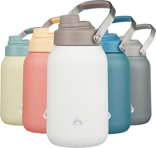 Half Gallon Insulated Water Bottles, 64Oz Water Jug with Metal Handle & BPA Free Spout Lid, Dishwasher Safe Thermos, Large Stainless Steel Gym Sport Jugs, Milky White