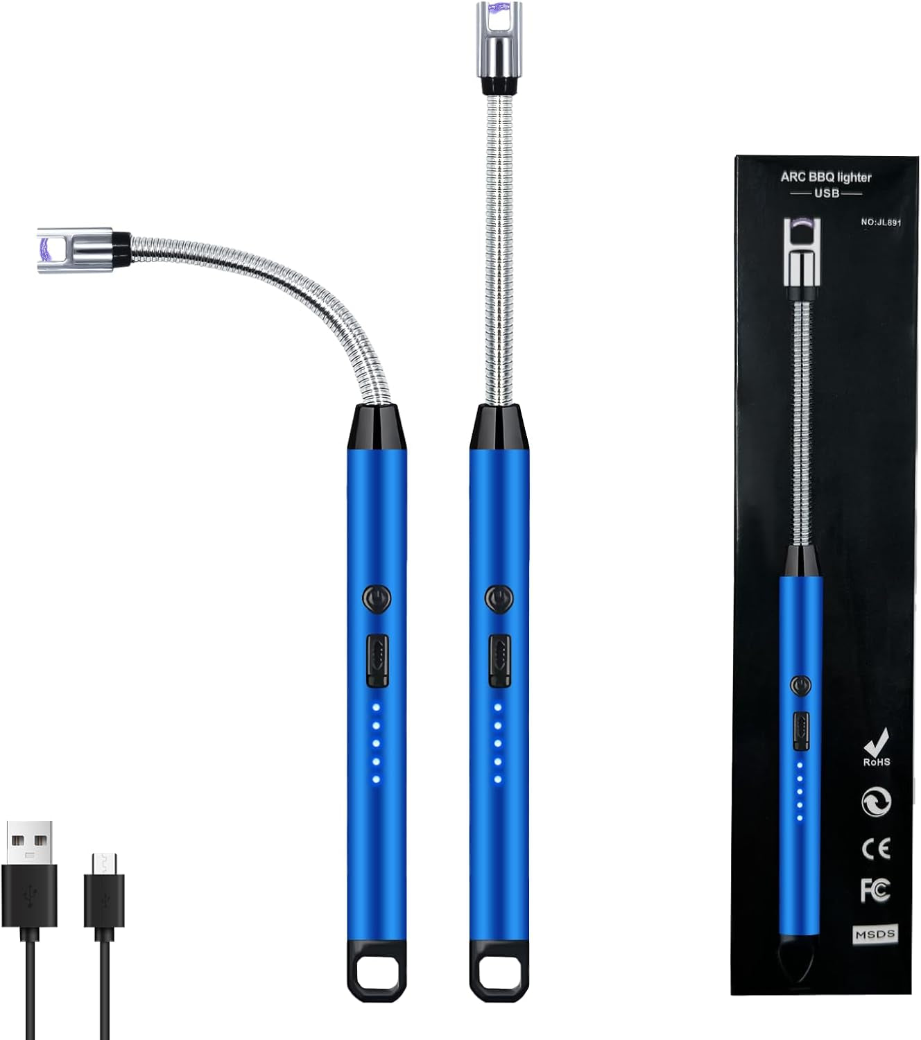 2 PCS Candle Lighter, Electric Lighter Arc Windproof Flameless with 360° Flexible Neck & LED Power Display, Lighters for Candle for BBQ, Grill, Camping, Fireplace, Stove(Blue)