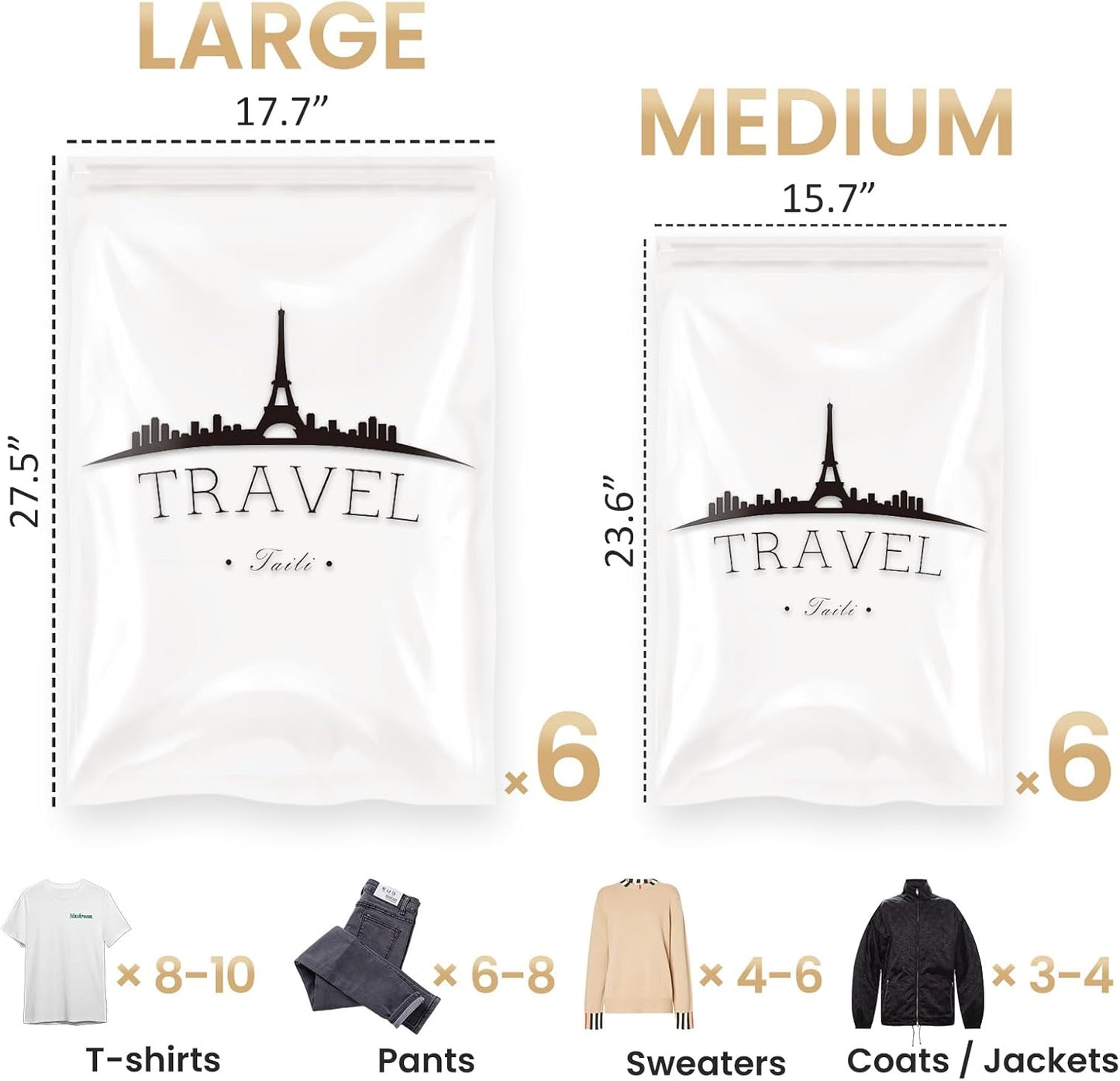 12 Pack Travel Compression Bags, Roll up Space Saver Bags (6 Large+6 Medium), No Vacuum Needed Reusable Packing for Luggage, Suitcase, Backpack, Travel Essentials, Clear