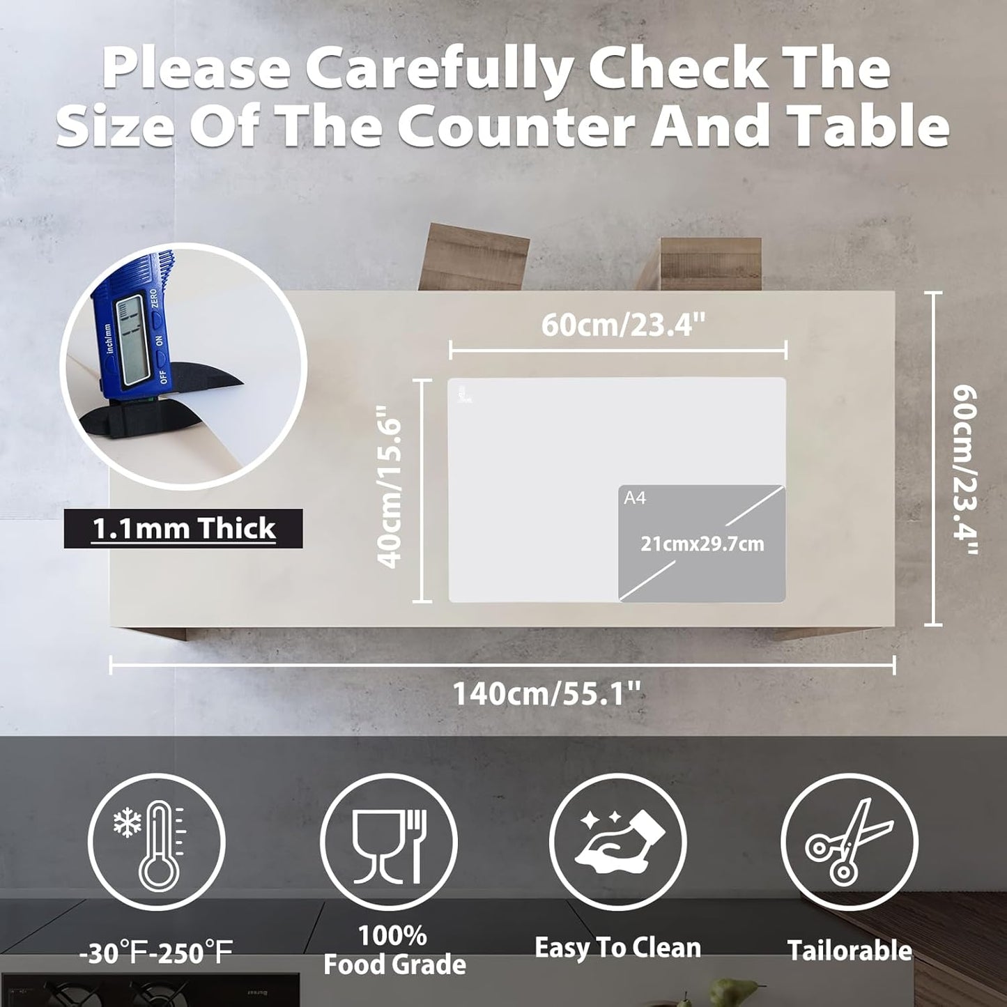 Thick Silicone Counter Mat Large 23.4"By15.6", Heat Resistant Mat for Kitchen Table/Countertop Protector/Non Stick Pastry Baking Placemats, Silicone Pad for Crafts Kids, Clear