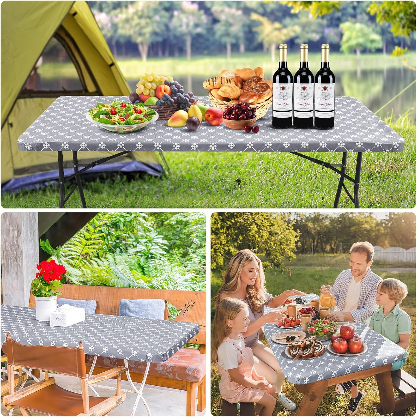 Rectangle Vinyl Table Cloth, Elastic Fitted Tablecloth with Flannel Backing, Waterproof Plastic Table Cover Fits 6 Foot Folding Tables for Camping, Indoor and Outdoor (Grey, 30" X 72")