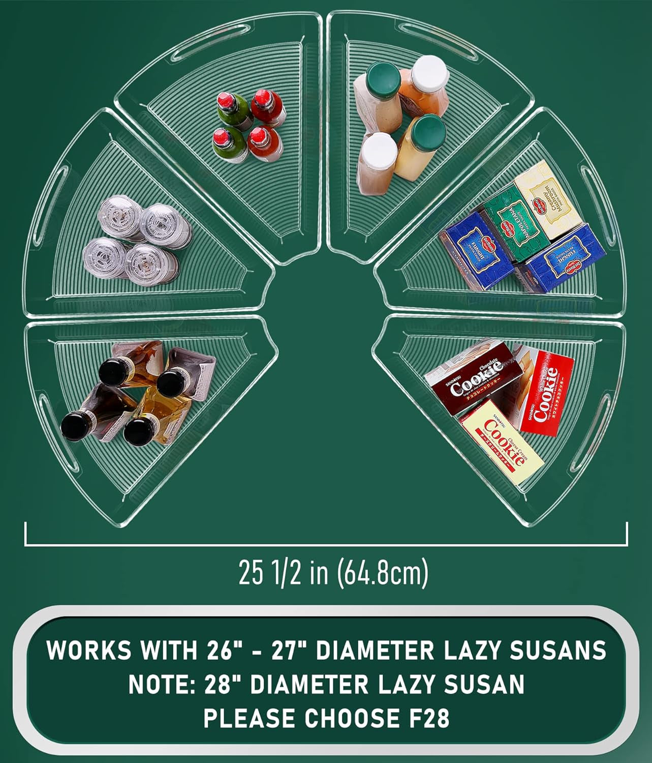 Lazy Susan Cabinet Organizer Bins for 26"/ 28"/ 32" Diameter Corner Organizer, Plastic Cabinet Storage Bin, 1/8 Wedge - Food Safe, BPA Free, with Non-Slip Pads (For 26" Diameter, 6 Pack)