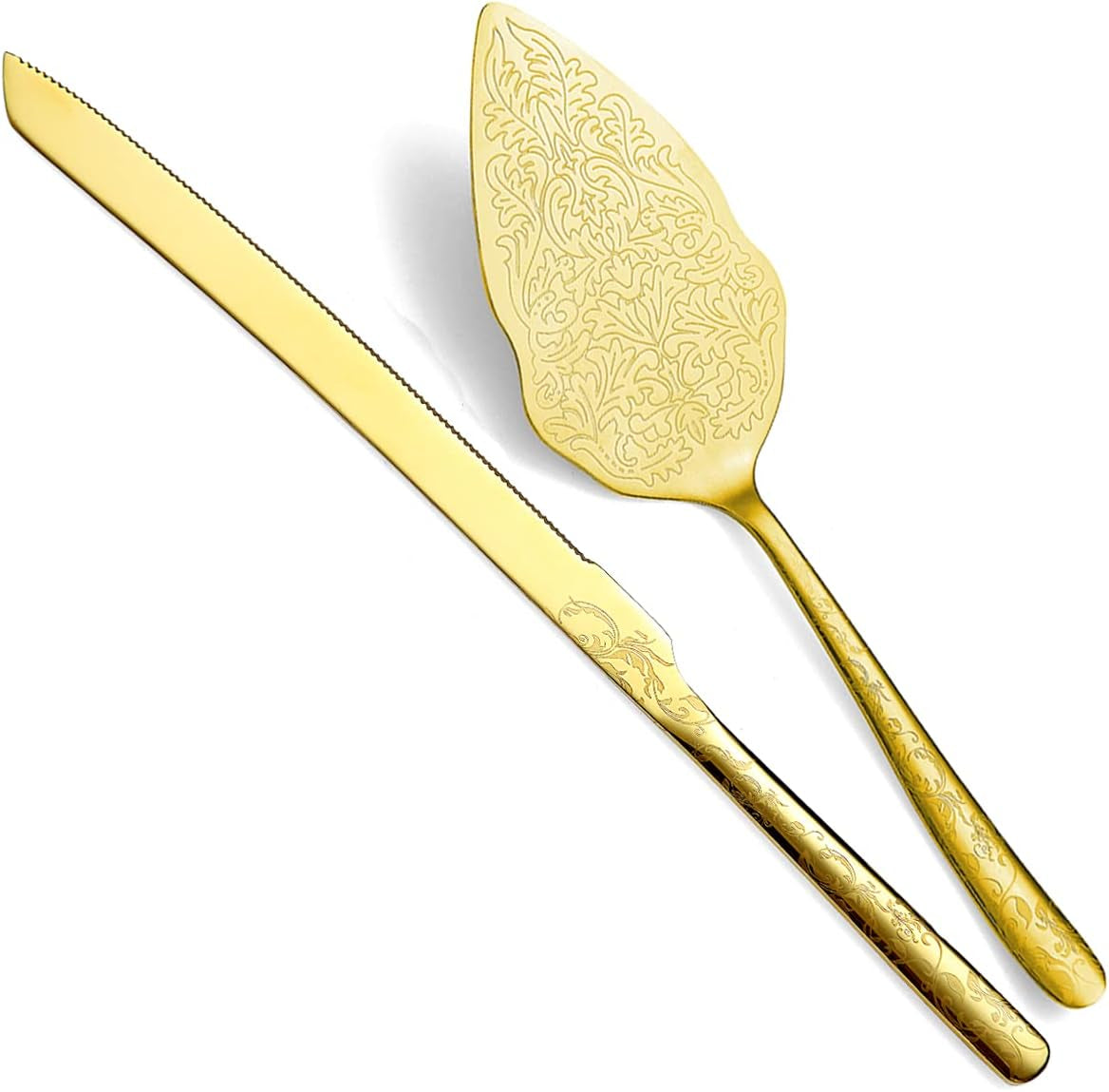 Gold Plated Wedding Cake Knife and Server Set with Unique Pattern Design - Ideal for Weddings, Birthdays, and Special Events - Dishwasher Safe