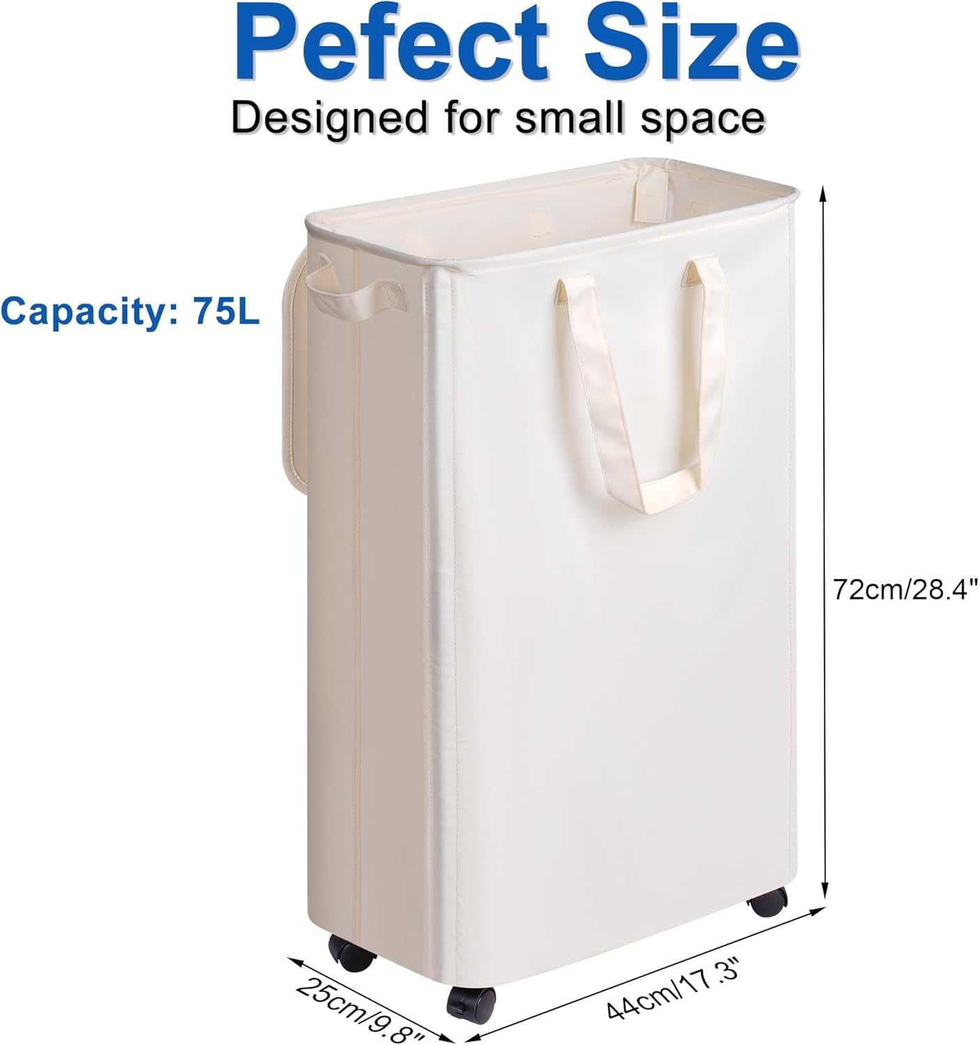 Slim Laundry Hamper with Lid and Wheels, Small Rolling Laundry Basket with Handle for Small Spaces, Tall Dirty Clothes Hampers for Dorm, Bathroom and Bedroom, 75L, Beige