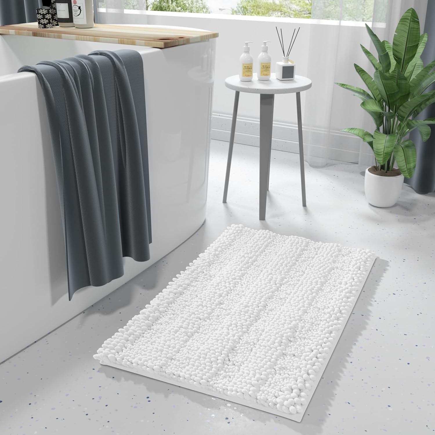 Bathroom Rug Mat 24 X 17, Non Slip and Super Absorbent Bath Mat,Machine Washable Quick Dry,Ultra Plush Chenille Shower Rugs for Bathroom Floor Sink Tub and Shower Outside,White
