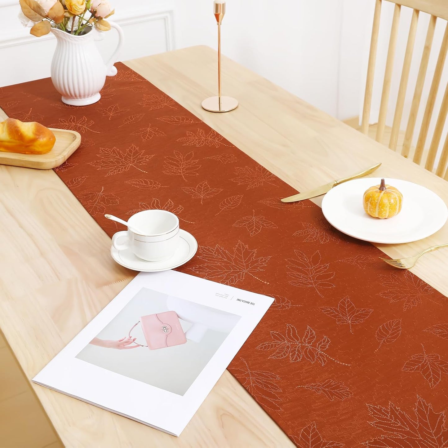 Fall Table Runner - 13X72 Inch Autumn Leaves Damask for Harvest Parties and Thanksgiving Dinner, Rust