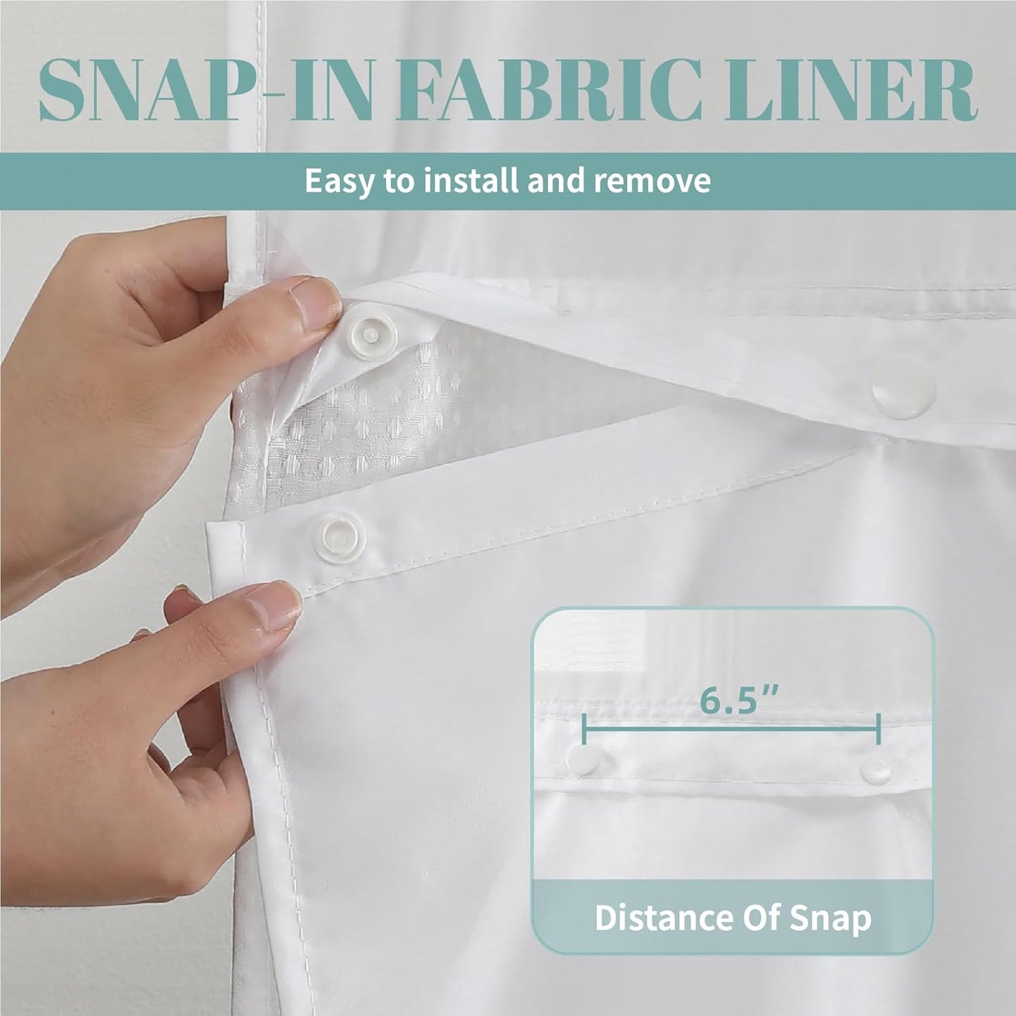 White No Hook Waffle Weave Shower Curtain with Snap-In Liner Replacement, 230GSM Waterproof Fabric Hotel Shower Curtain Set for Bathroom, through Mesh Top Window,71Wx74H