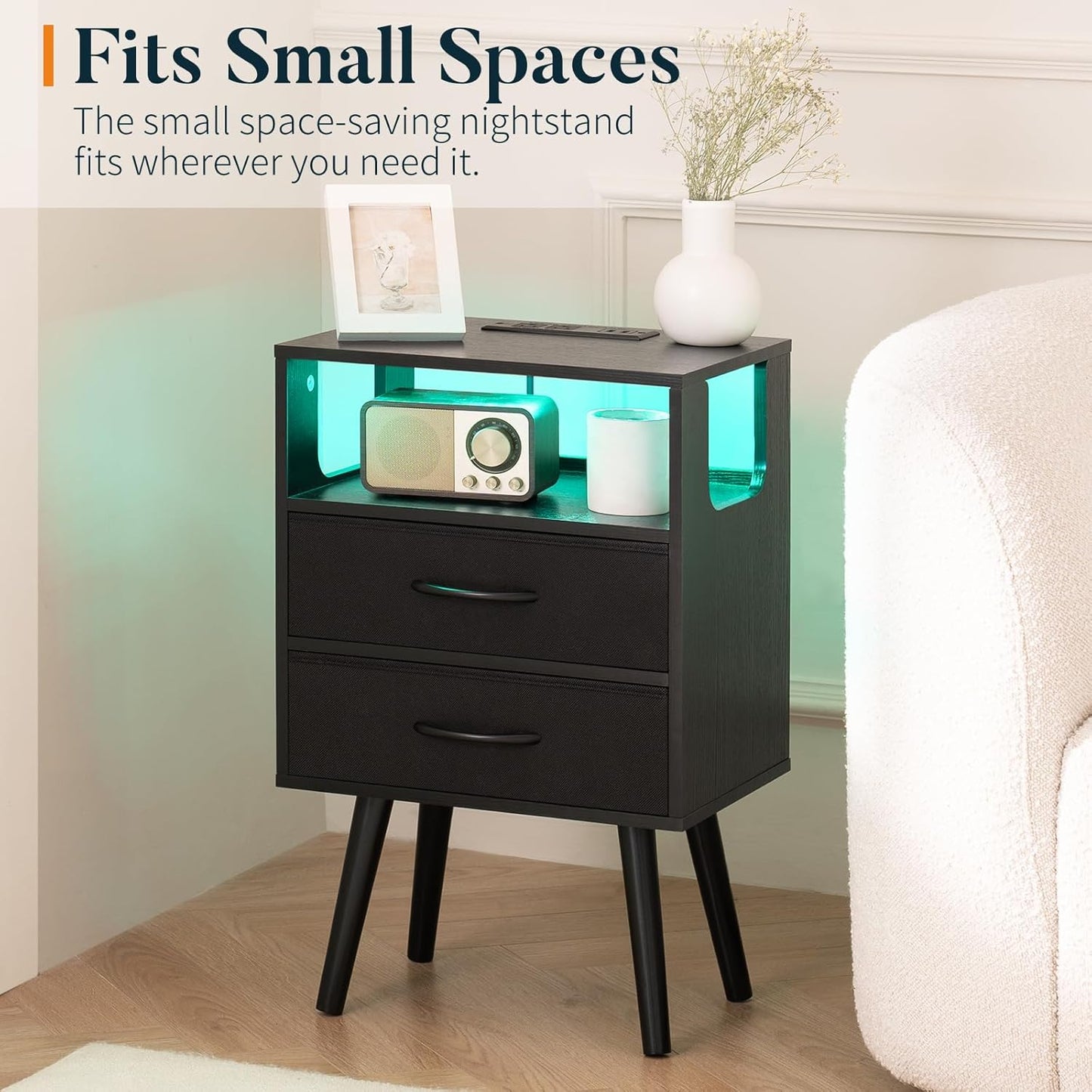 LED Night Stand with Charger Station, Mid Century Modern Nightstand with Fabric Drawers, Bedside Table Nightstands with Storage Shelf, Bed Side Table Small Night Stands for Bedroom Living Room