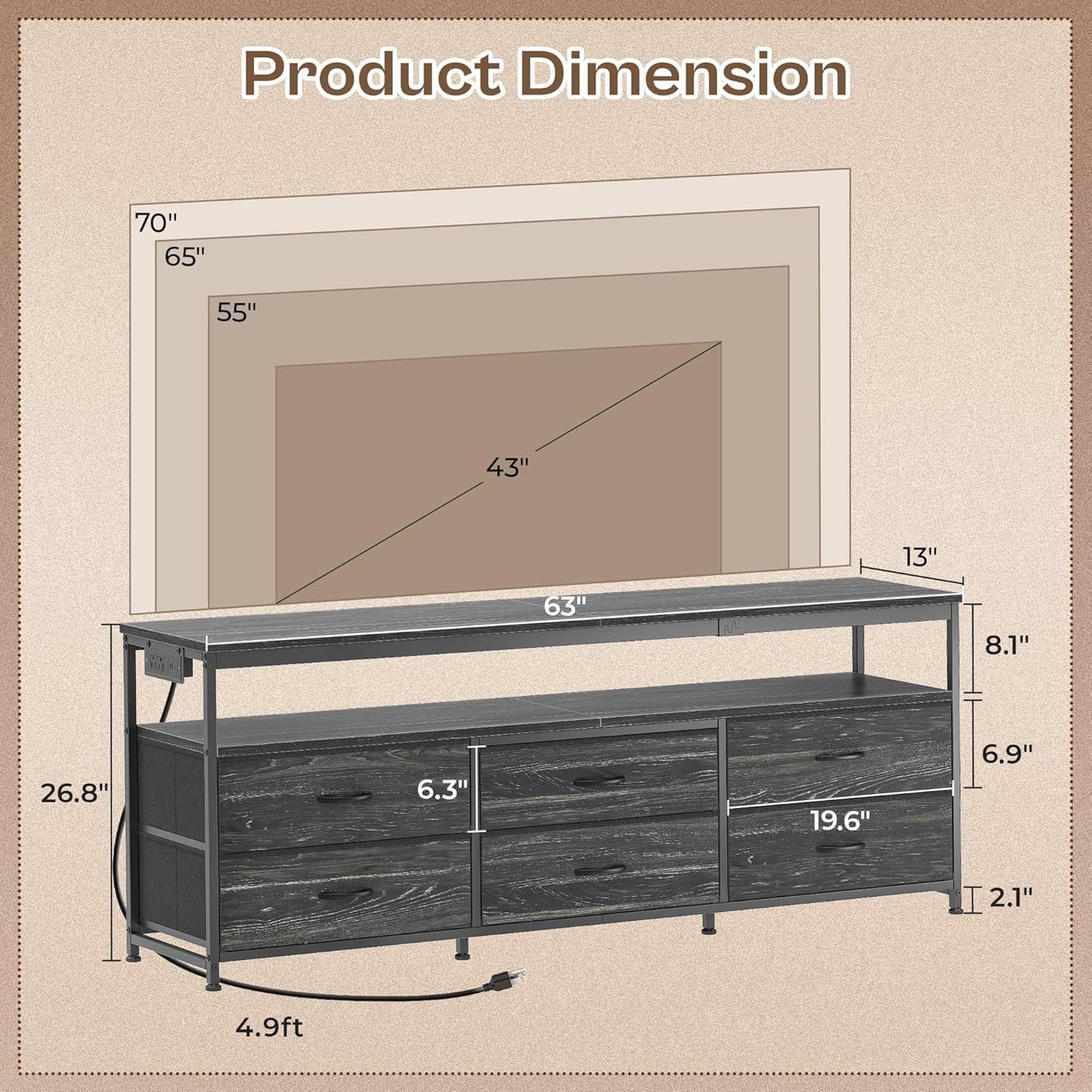 63-Inch Charcoal Black LED TV Stand for 55 to 70 Inch TVs, Multi-Functional Dresser with Power Outlets and Storage for Bedroom and Living Room