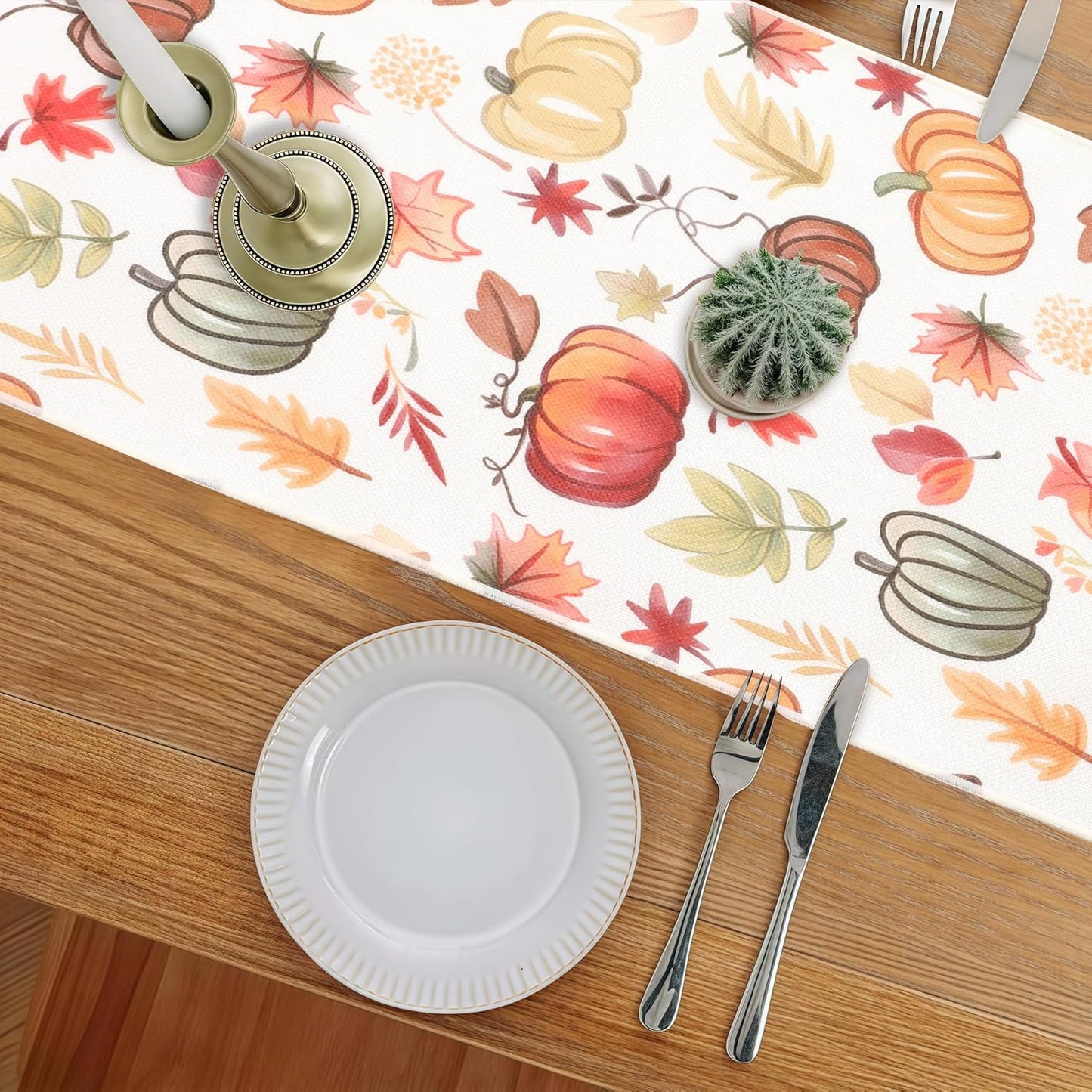 Fall Table Runner for Kitchen Dining Table, Thanksgiving Autumn Printed Harvest Pumpkins Maple Leaves Textured Fabric Halloween Holiday Home Decorations, Water-Proof, Washable, 13" W X 36" L