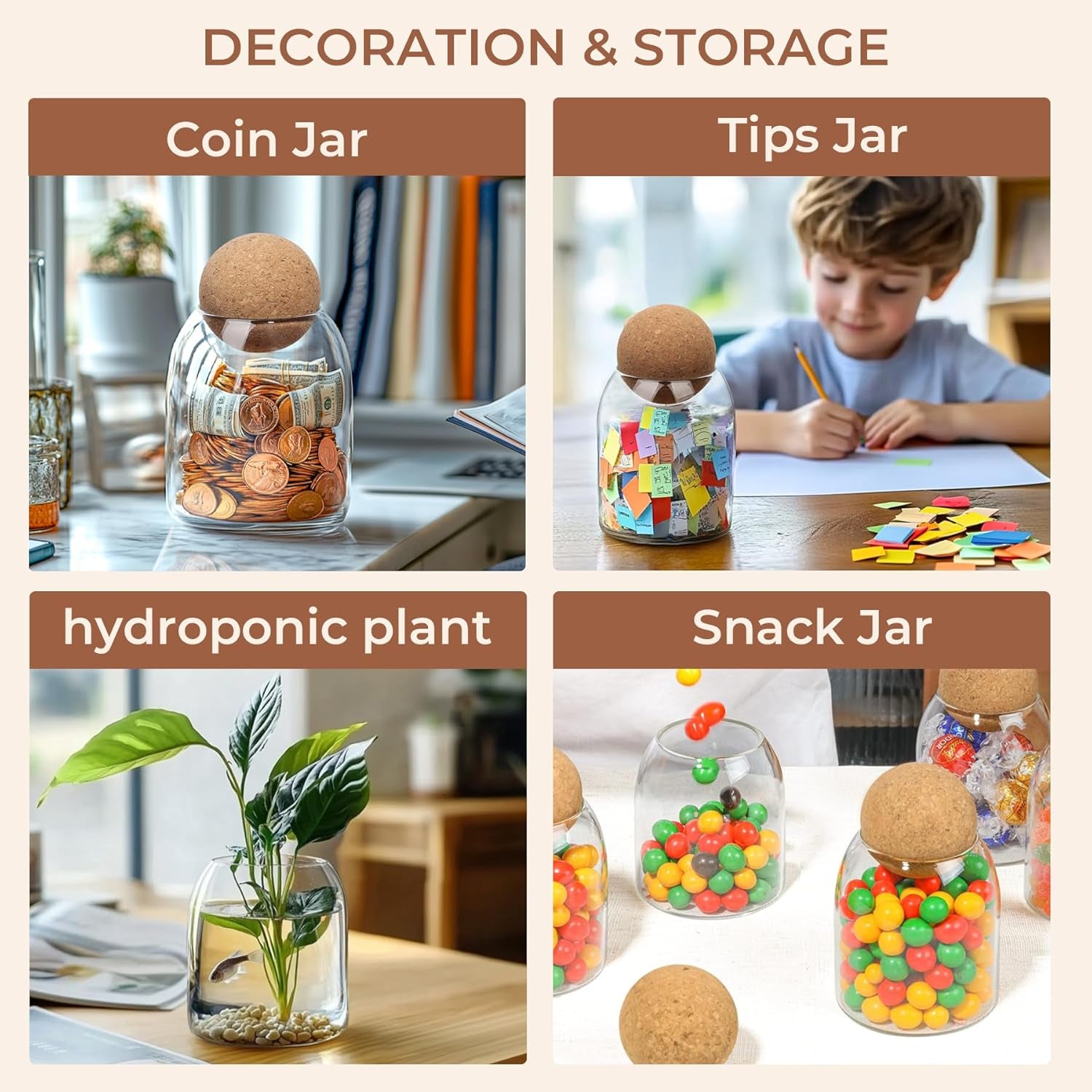 Glass Storage Container with Ball Cork, 16 Oz Small Glass Jar with Cork Lid, 1 Pack Candy Jar, Cute Decorative Jar for Tip, Change, Salt, Sugar, Cookies, Bathroom Cotton Swab Qtip Holder