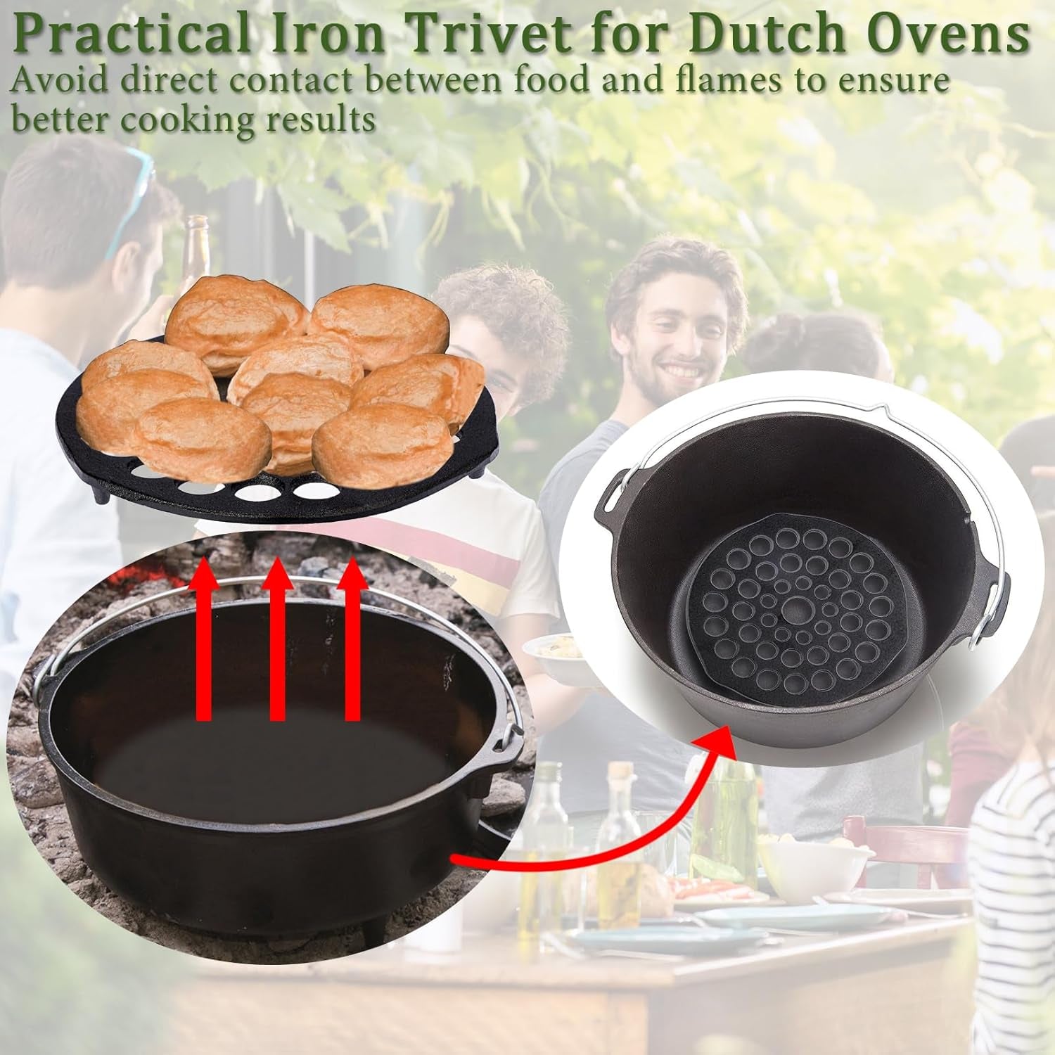 Cast Iron Trivet Set (2 Pieces) - 8-Inch Heavy-Duty Meat Rack for Dutch Ovens, Pre-Seasoned Campfire Grate, Burner Diffuser, and Table Trivet - Rust-Resistant Cast Iron Griddle Accessories