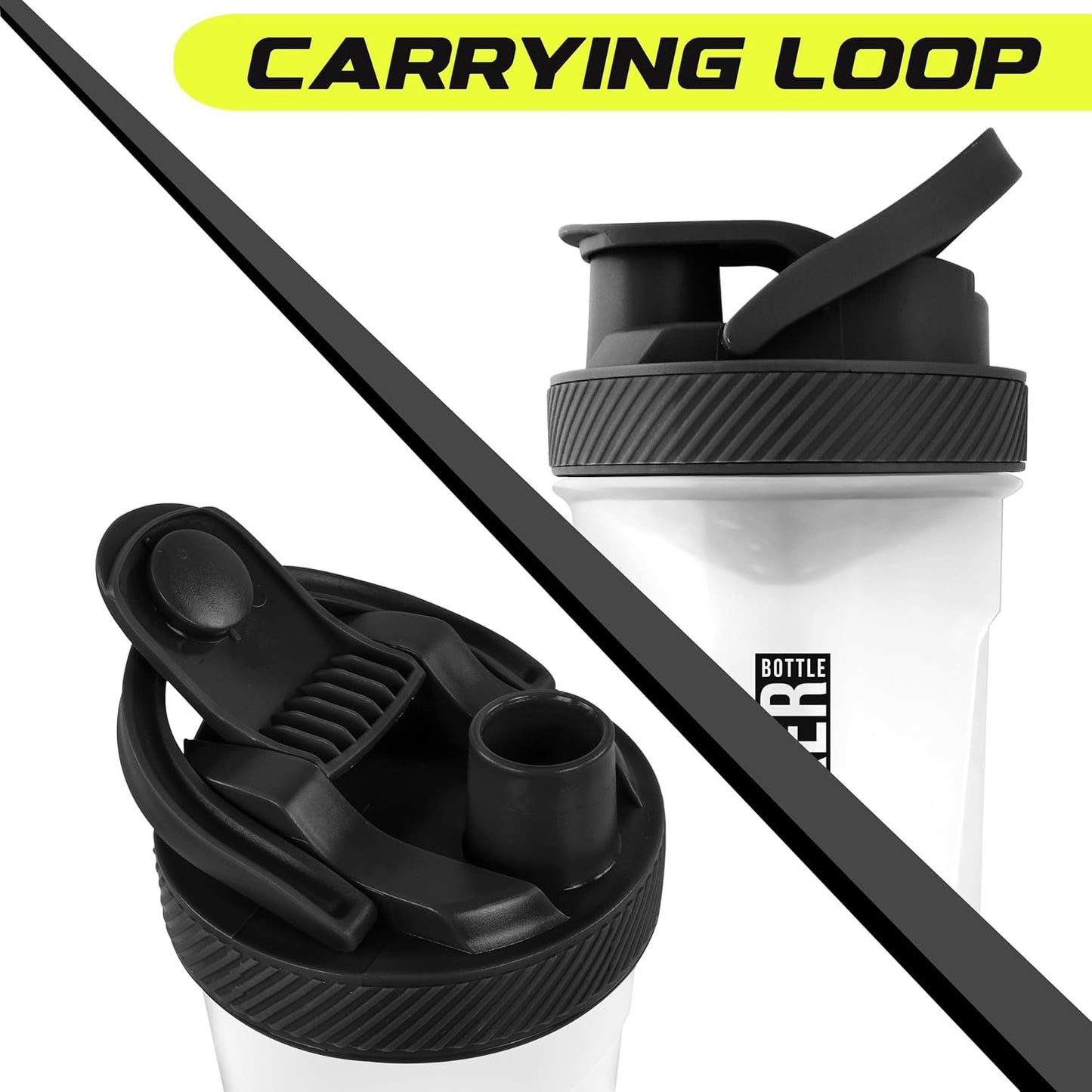 Shaker Bottle 2 Pack - 24 Ounce Plastic Protein or Cocktail Shaker Bottle for Pre & Post Workout with Twist & Lock Protein Box Storage (All Black & Clear/Black)