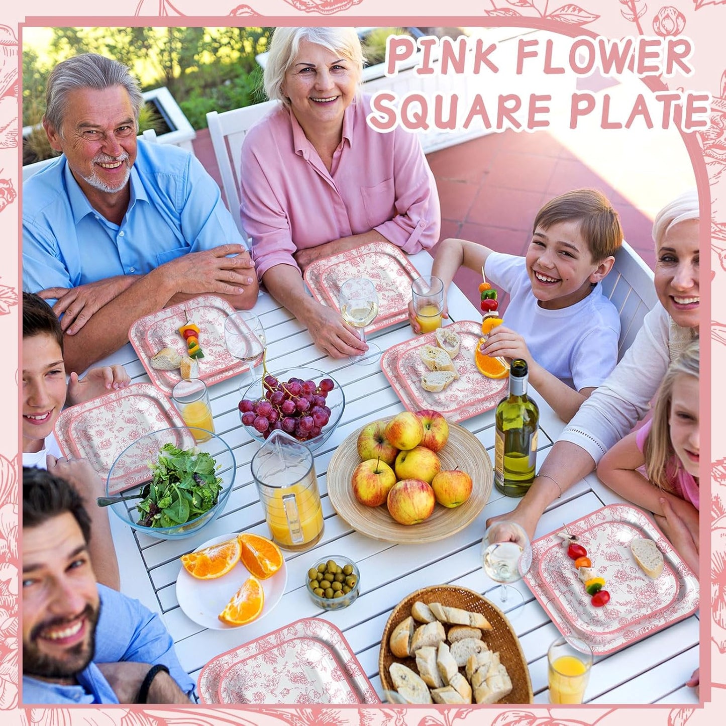 100-Piece Floral Disposable Paper Plate Set - 9-Inch Dinner Plates and 7-Inch Square Dessert Plates for Birthday, Wedding, and Baby Shower Celebrations (Pink, Floral Design)