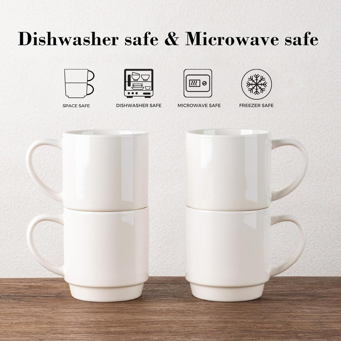Stackable Ceramic Coffee Mugs Set of 12, 11oz Porcelain Mugs for Latte, Cappuccino, and Cocoa - Dishwasher and Microwave Safe, Off White