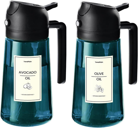 16Oz/470Ml Blue Glass Olive Oil Sprayer for Cooking - 2 in 1 Olive Oil Dispenser for Kitchen Gadgets, Air Fryer, Salad, and BBQ - 2 Black