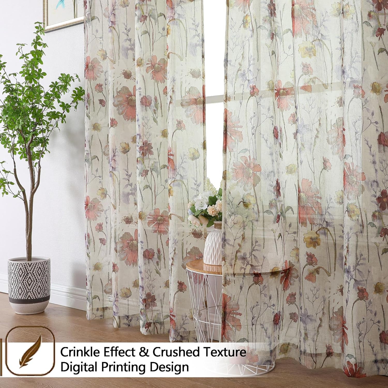 Crushed Sheer Curtains Kitchen Tiers 36 Inch Length 2 Panels, Printed Design Small Window Half Curtains for Bathroom Cafe Bedroom Cupboard Living Room, Short Light Filtering Curtain, 42"X36"