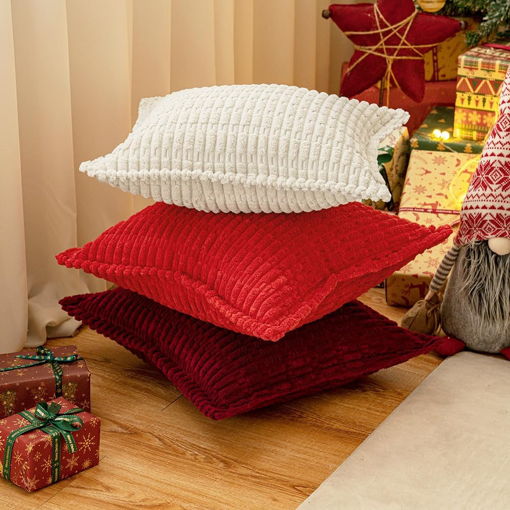 Pure White Corduroy Decorative Throw Pillow Covers Pack of 2 Soft Striped Pillows Pillowcases with Broad Edge Modern Winter Cute Boho Home Decor for Couch Sofa Bed 18X18 Inch