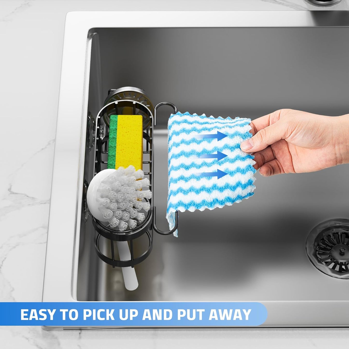 Kitchen Sink Caddy Sponge Holder in the Sink, Stainless Steel Kitchen Sink Organizer, Brush Holder, Dish Cloth Hanger, Sink Stopper Holder with 2 Installation Ways (Suction & Adhesives