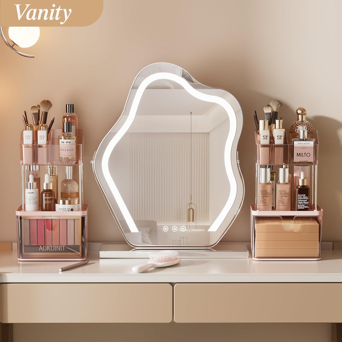 Makeup Organizer Countertop, 3-Tier Vanity Organizer with Large Drawers and Top 6-Grid Section, Suitable for Bathroom Counter, Dresser, Storage for Cosmetics, Skincare, Perfume, Lipstick, Pink