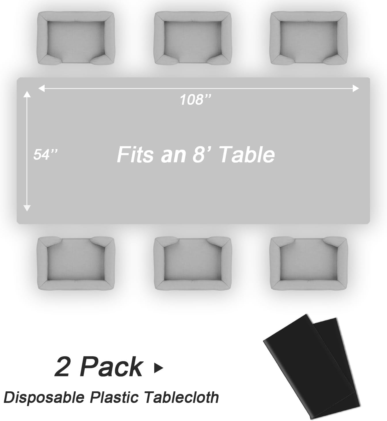 Plastic Table Cloth Disposable 2 Pack, 54 X 108 Inch Tablecloths for Rectangle Tables, Black Plastic Table Cover