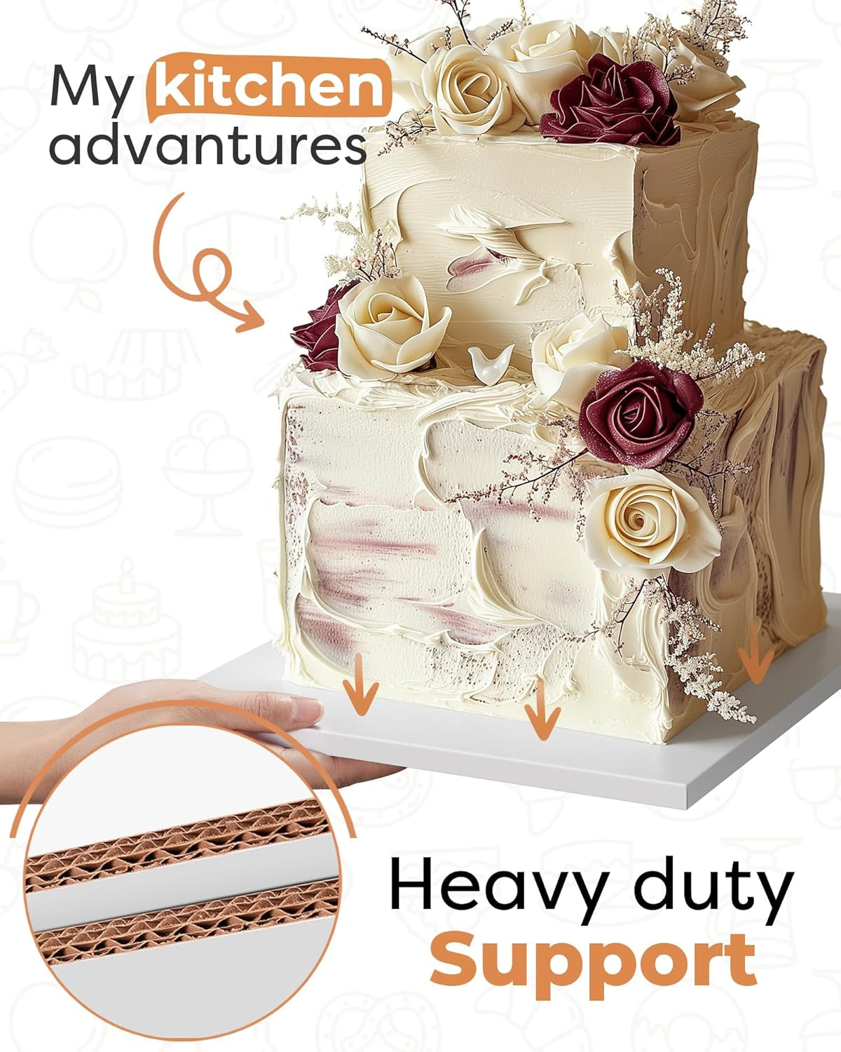 12 Inch Square Cake Drums, 1/2 Inch Thick Sturdy Cake Boards with Fully Wrapped Edges, Heavy Duty Cake Bases Corrugated Cardboard for Multi-Layer Cakes, Cake Decorating Baking Supplies (1 Pack)