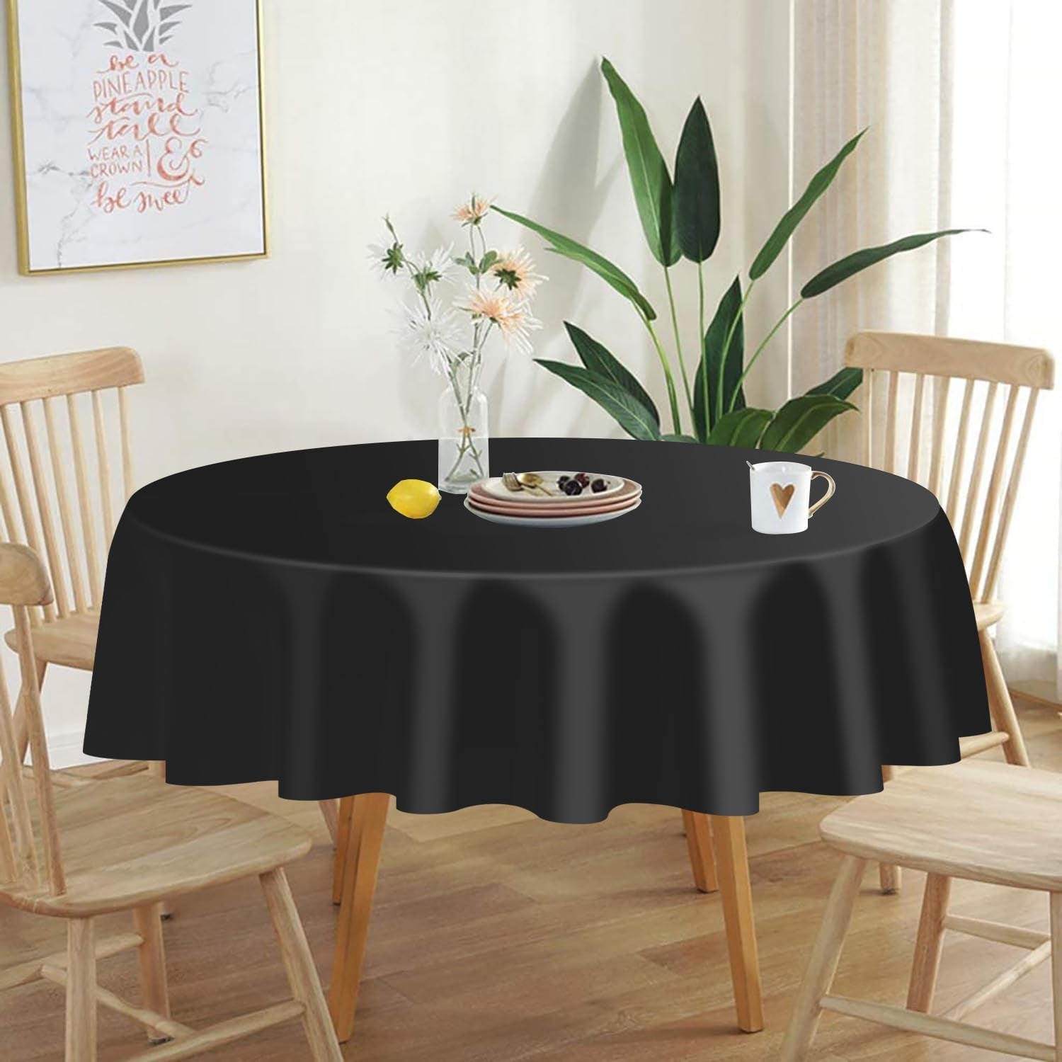 Black round Tablecloth 2 Pack, 84 Inch Plastic Table Cover Disposable for Parties