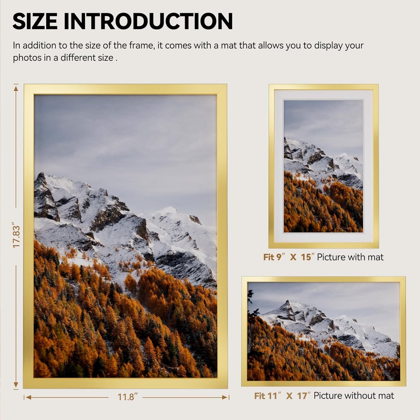 11X17 Picture Frame Gold, Gold Picture Frames Display Photos 9X15 with Mat or 11X17 without Mat, 1 Pack Plastic Frame for Wall for Home Decor