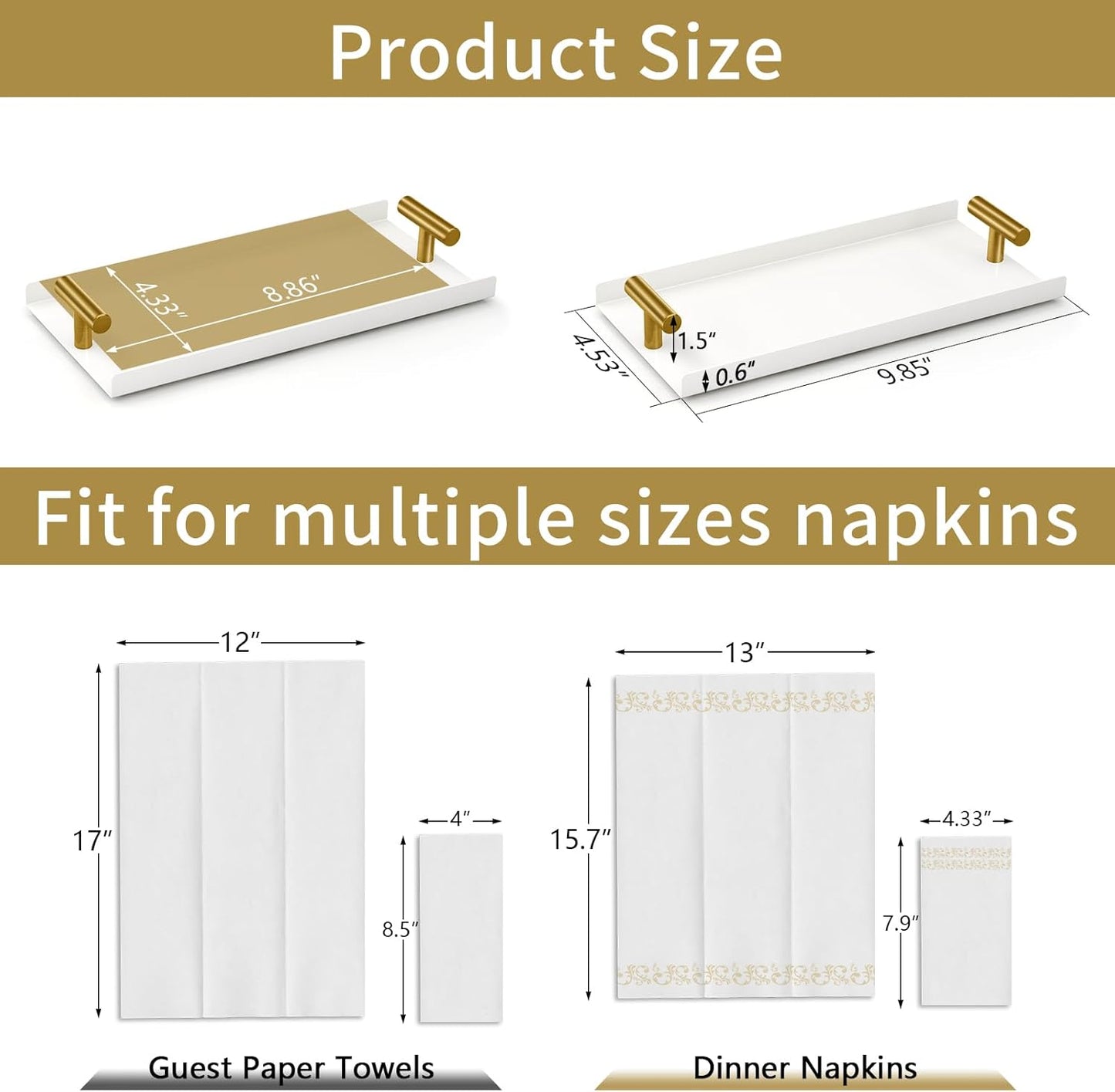 Napkin Holder for Bathroom, Guest Towel Holder Tray for Bathroom, White Guest Napkin Holders with Golden T-Handle, Disposable Hand Towel Tray for Guest Room, Table, Kitchen
