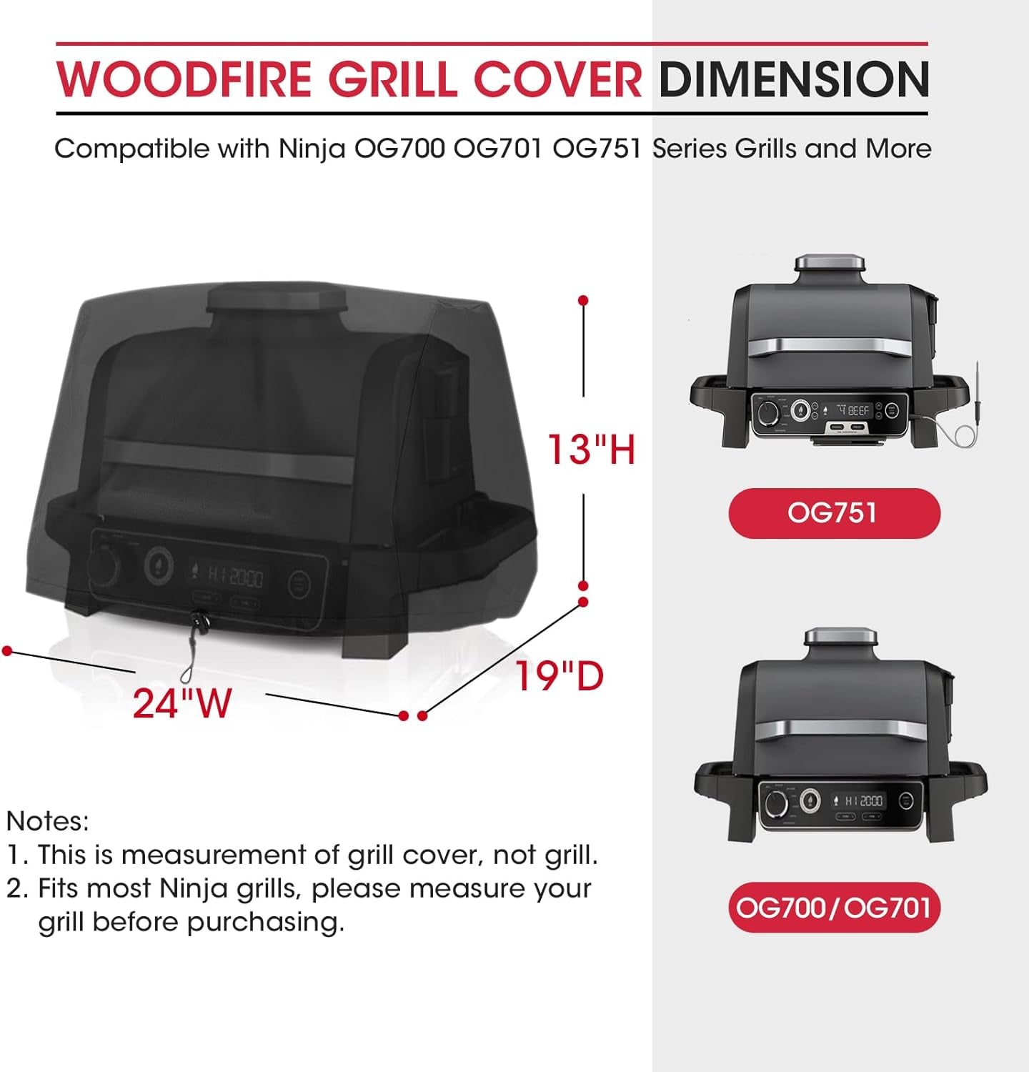 Grill Cover for Ninja OG700 OG701 OG751 Outdoor Series, Heavy Duty Waterproof Woodfire BBQ Cover with Inner Pocket, Sealed Team, Elastic Closure and Drawstrings, Black