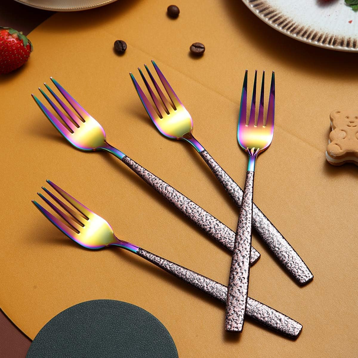 Set of 4 Stainless Steel Dinner Forks with Moon Surface Handle and Rainbow Finish, Dishwasher Safe Silverware