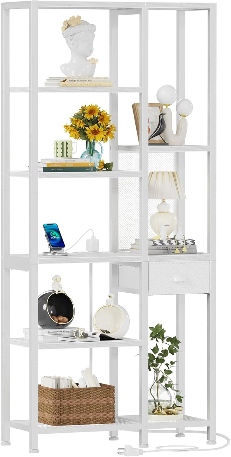 6-Tier Bookshelf with Charging Station, Double Display Shelf with Drawer, Tall Freestanding Bookcase, Metal Open Book Shelf for Living Room, Bedroom, Home Office, White