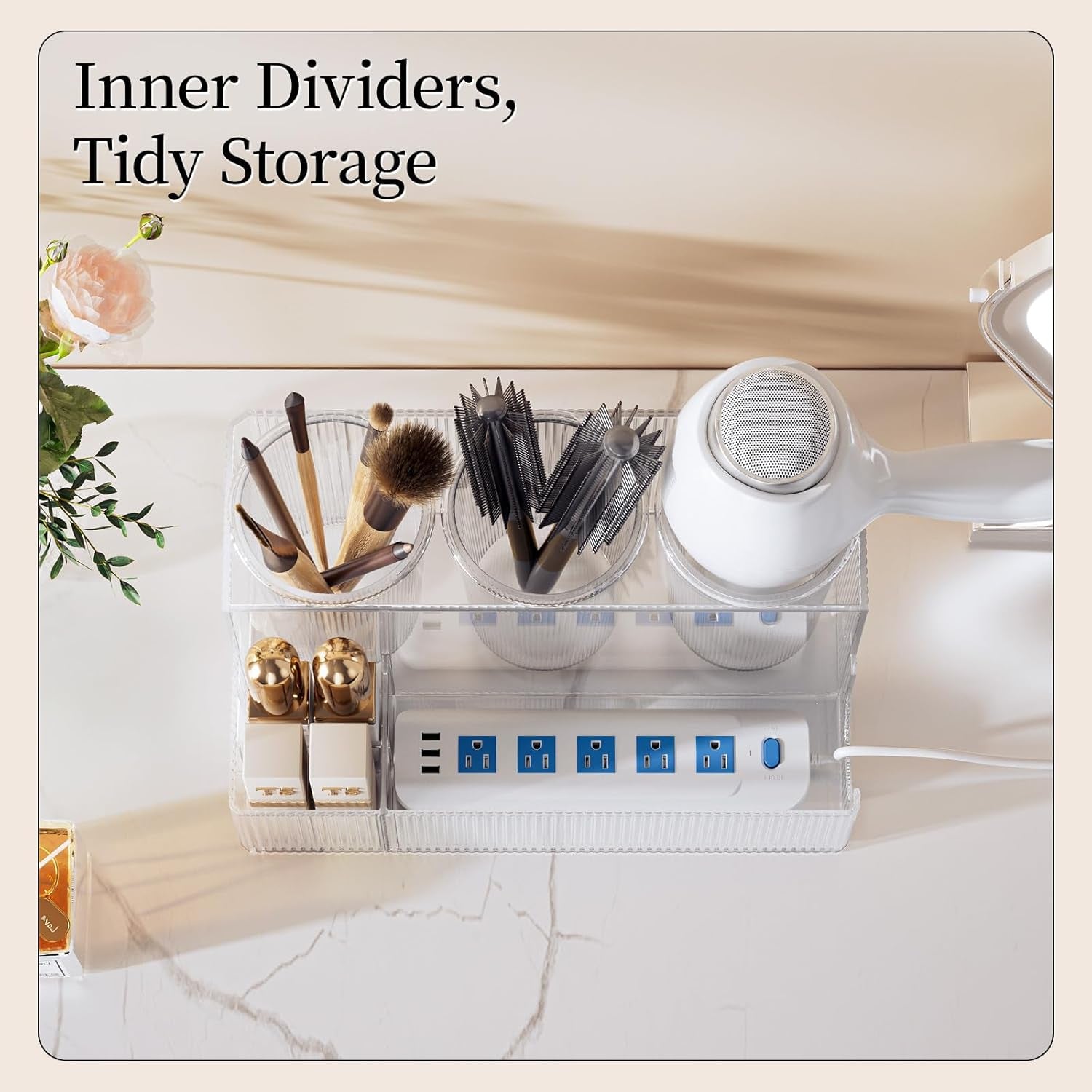 Hair Tool Organizer, Bathroom Sink Vanity Trays, Hair Dryer Holder with Detachable 3 Cups, Transparent Wave Design, Stylish & Durable, Ideal for Makeup, Vanity, Bathroom Counter Organizers and Storage