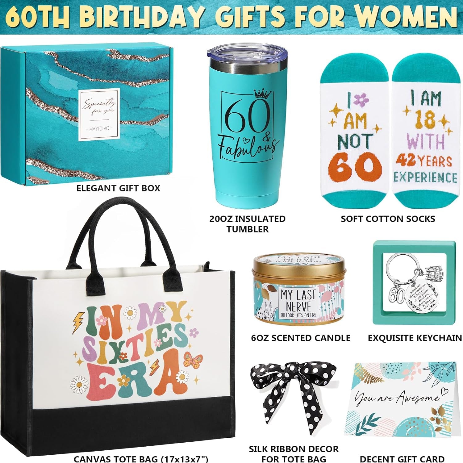 60Th Birthday Gifts for Women Her, Cool 1965 Birthday Gifts for 60 Year Old Women 60 Fabulous Gifts, Funny Unique Happy 60Th Birthday Gifts Ideas for Her Mom Sister Friend Grandma with Canvas Tote Bag