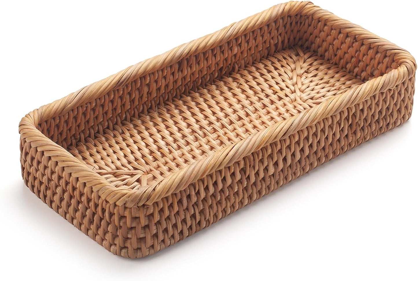 Rattan Bathroom Vanity Trays Toilet Tank Baskets Long Narrow Hand Towel Storage Basket for Storage, Decorative (Natural 10.2 X 4.9 X 1.6 Inch)